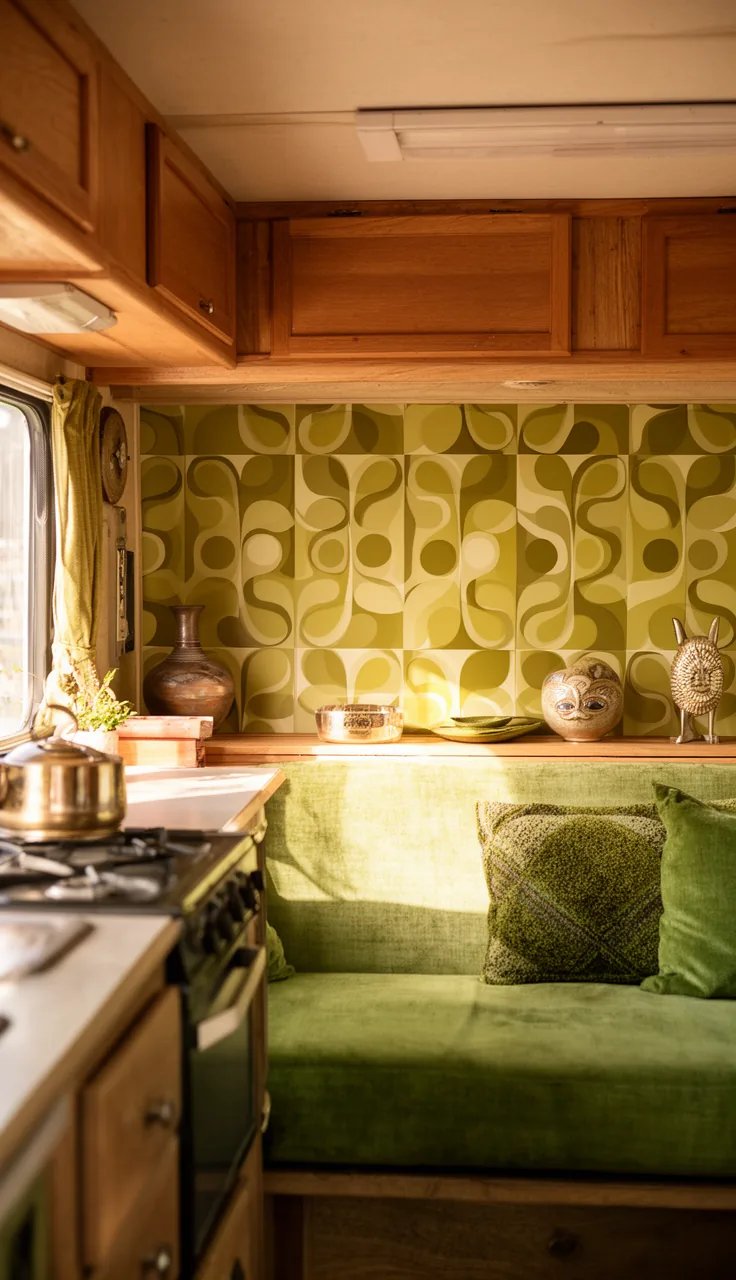 Small camper accent wall with a retro 70s geometric print and avocado accents