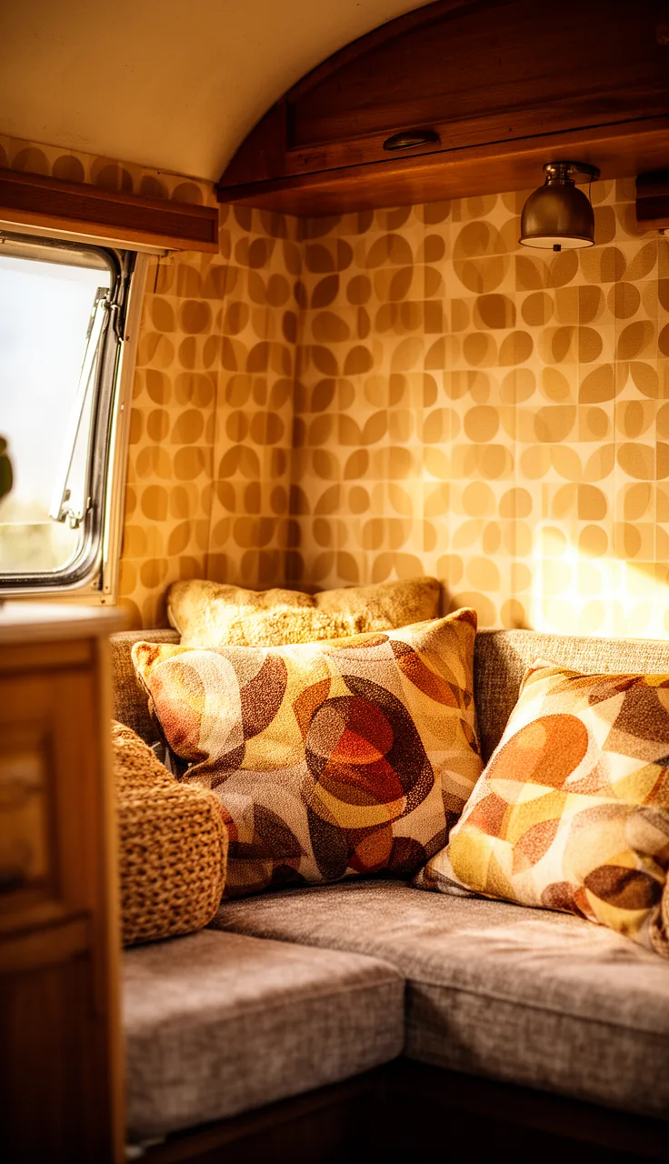 Cozy vintage trailer nook with warm-toned 1970s geometric wallpaper