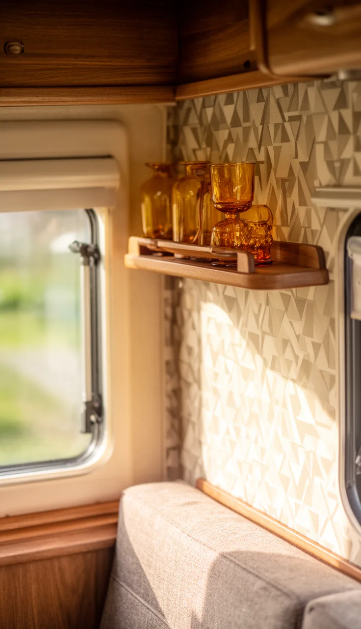 Camper accent wall with mid-century geometric wallpaper and a teak shelf