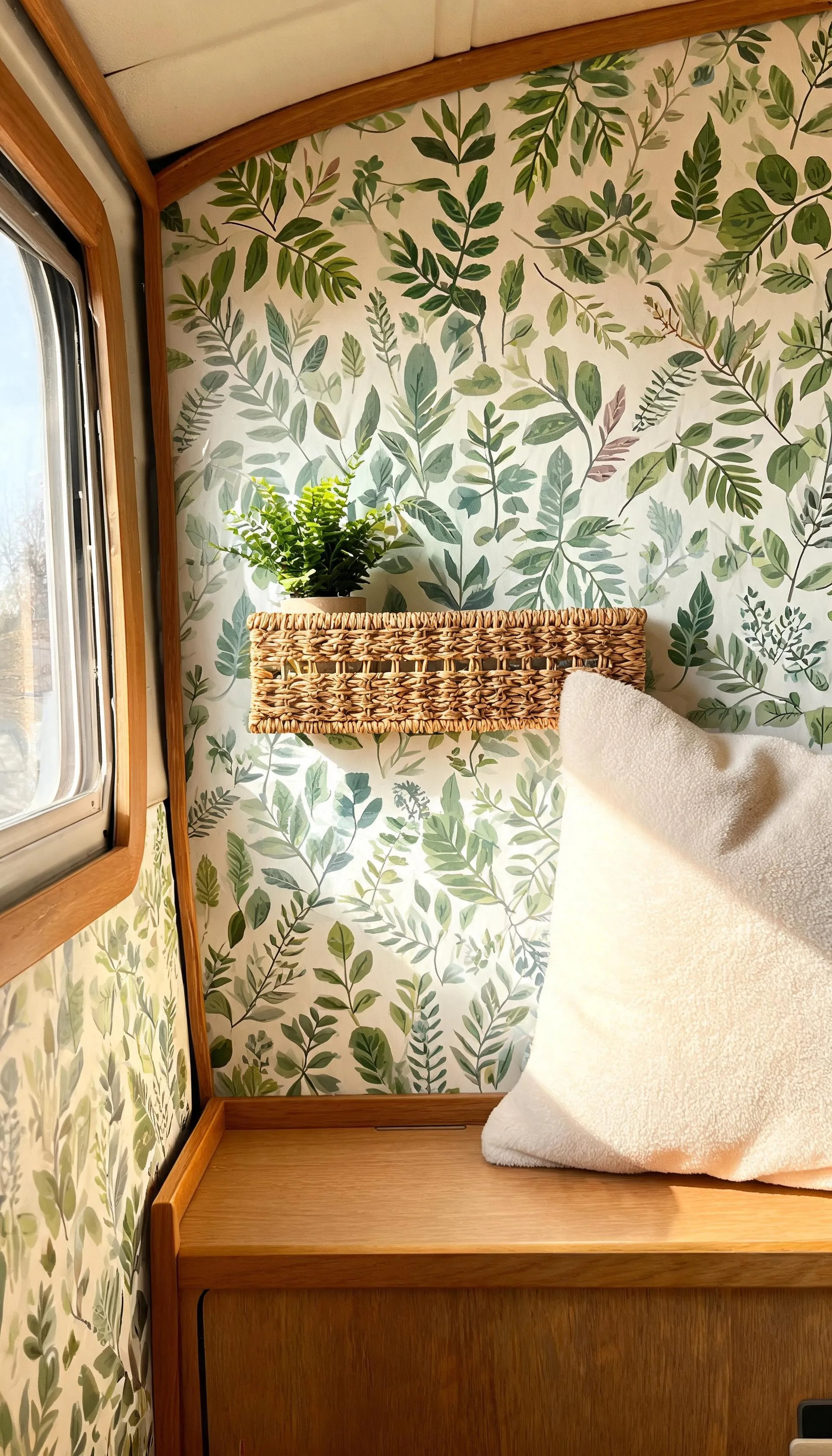 Small camper wall covered in botanical green leaf peel-and-stick wallpaper beside a rattan shelf and cream cushion