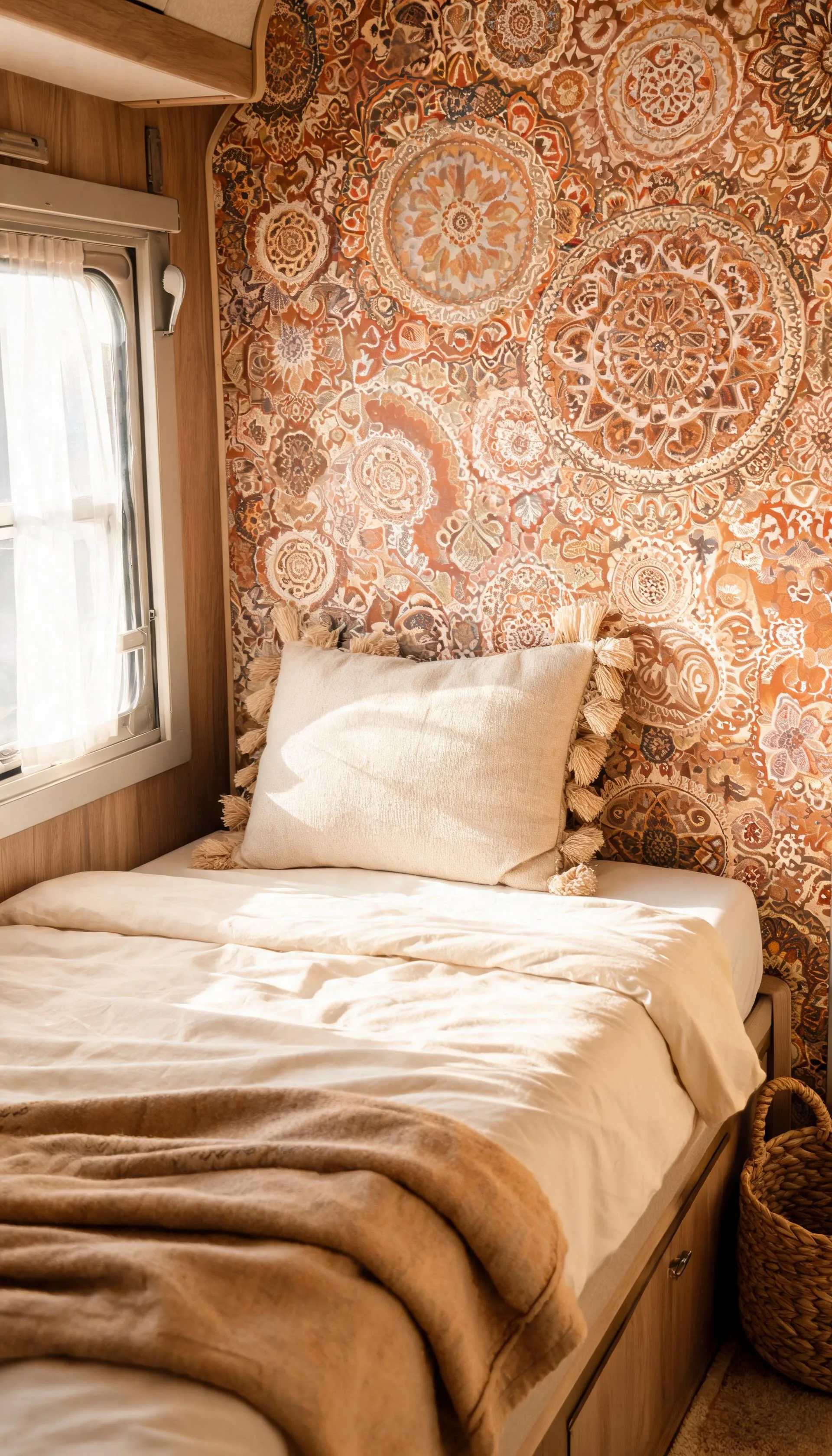 Camper bed nook with boho mandala peel-and-stick wallpaper as a headboard wall and layered neutral bedding
