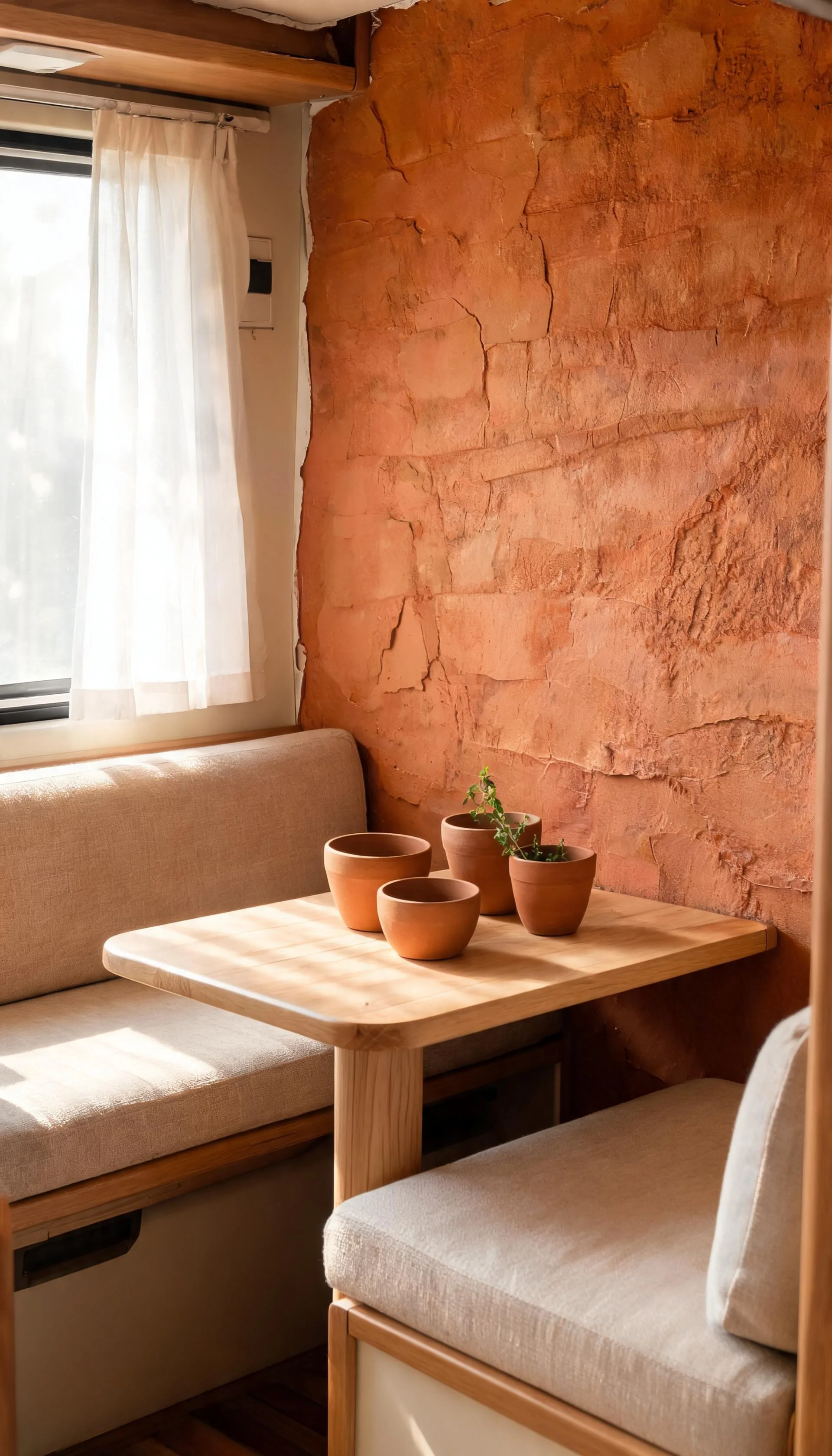 Camper dinette wall in warm terracotta peel-and-stick wallpaper with a small wooden table and linen bench cushion