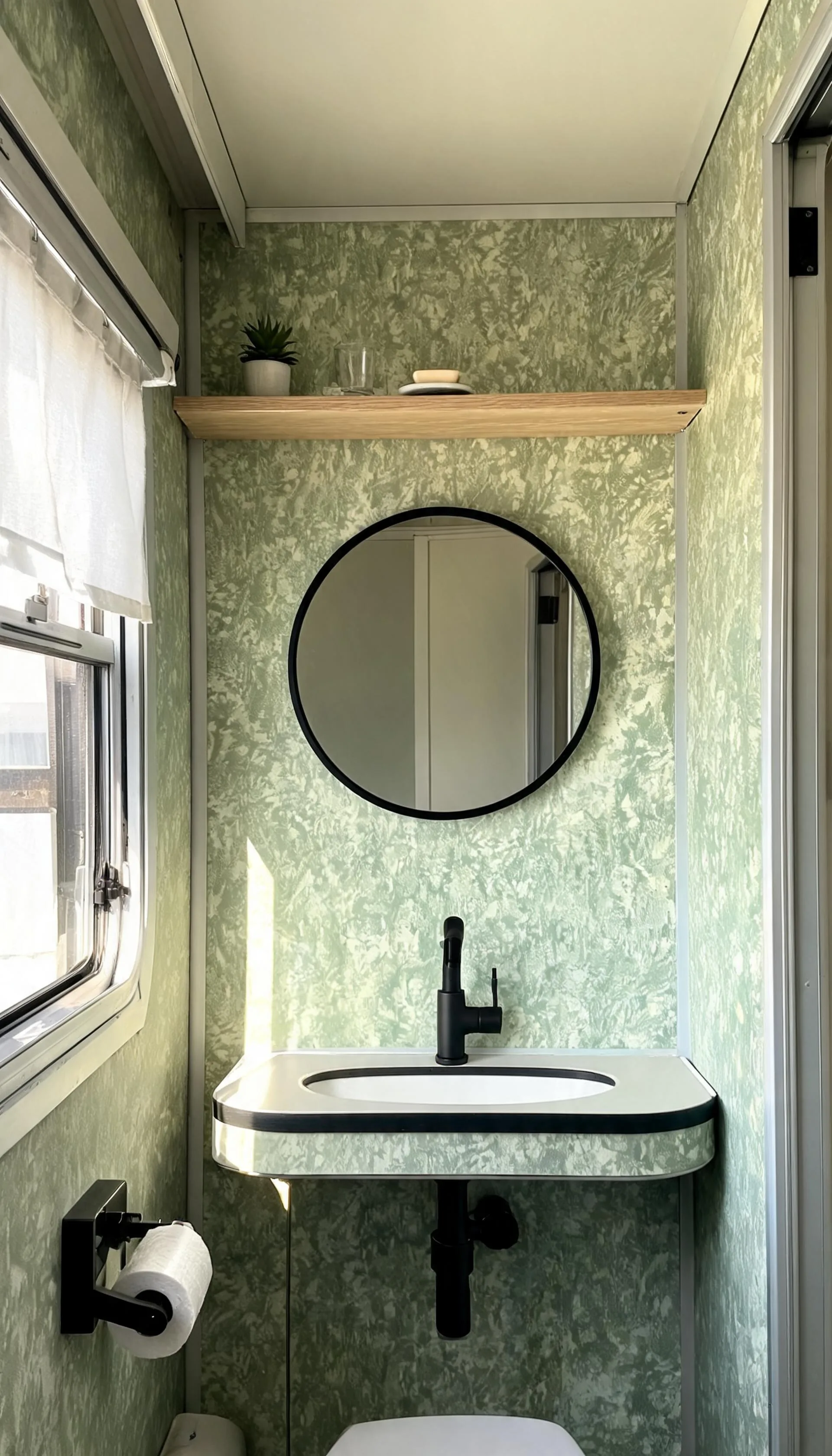 Tiny camper bathroom with sage green peel-and-stick wallpaper, a round mirror and a small wooden shelf