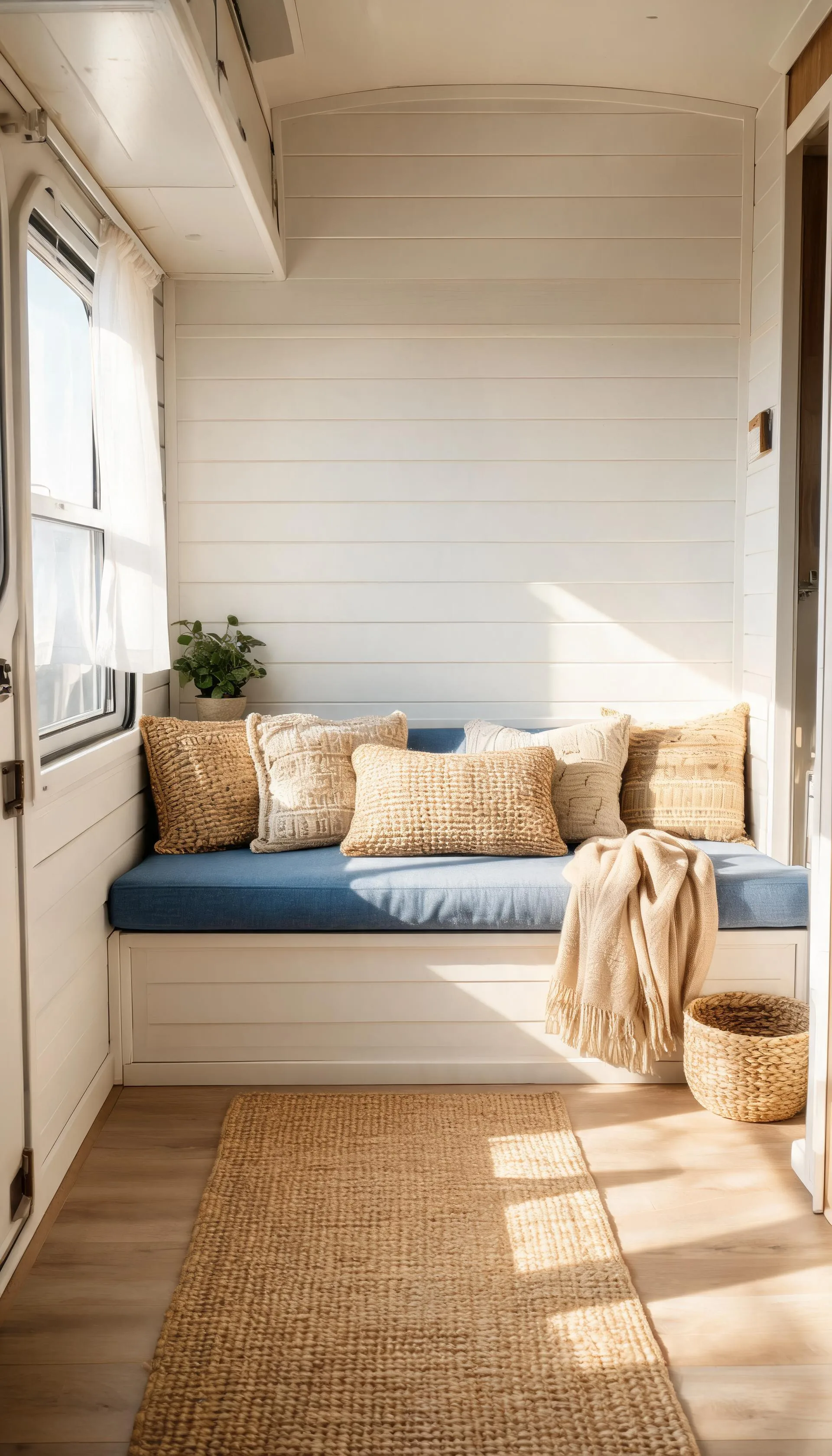 Camper living area with faux shiplap peel-and-stick wallpaper in soft white behind a blue cushioned bench