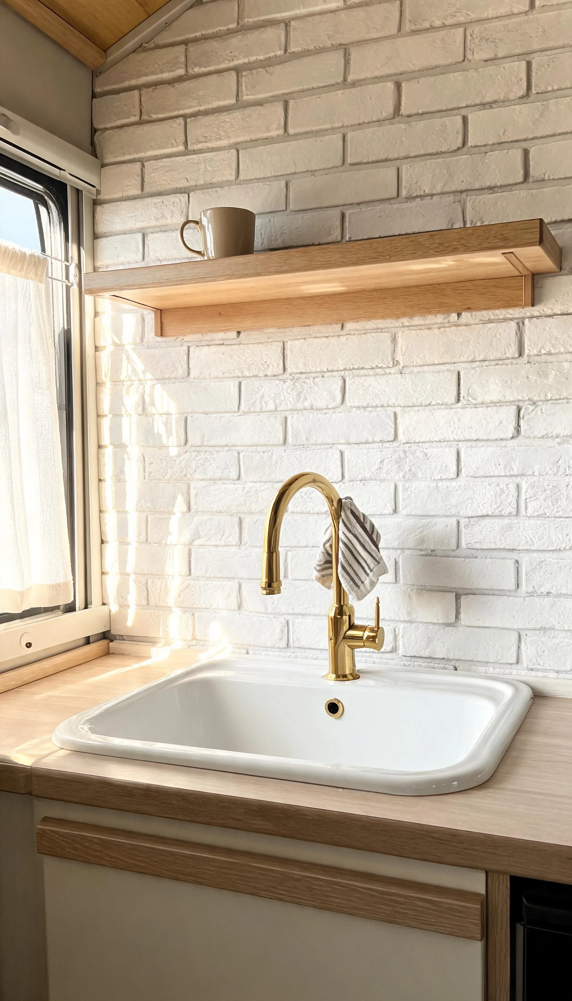Camper kitchen backsplash area with white brick peel-and-stick wallpaper behind a small sink and open shelf