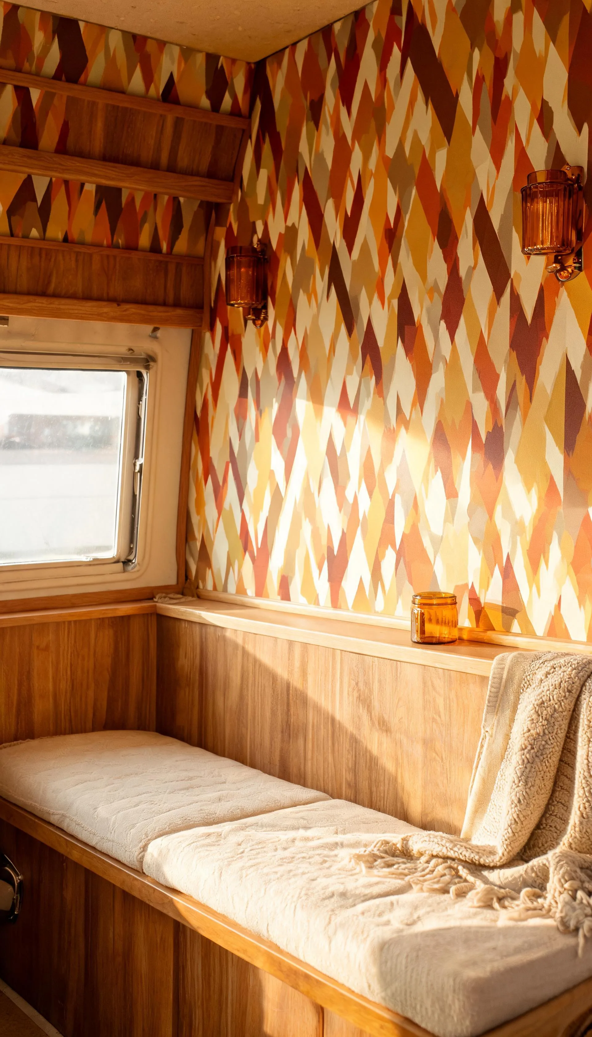 Vintage camper wall with retro 70s geometric peel-and-stick wallpaper in mustard and rust behind a bench seat