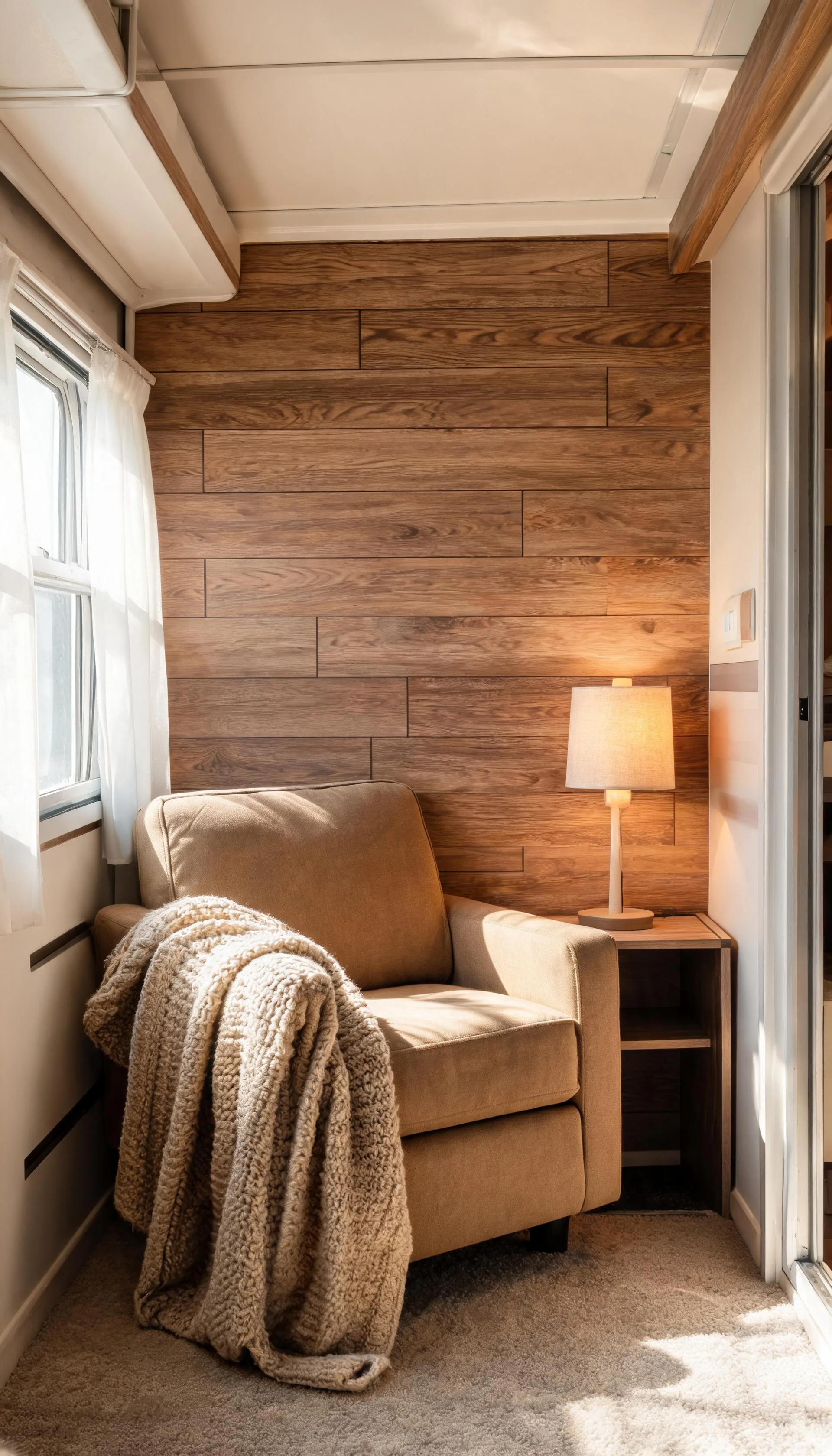 Camper wall with realistic wood grain peel-and-stick wallpaper creating a cabin feel behind a small reading chair