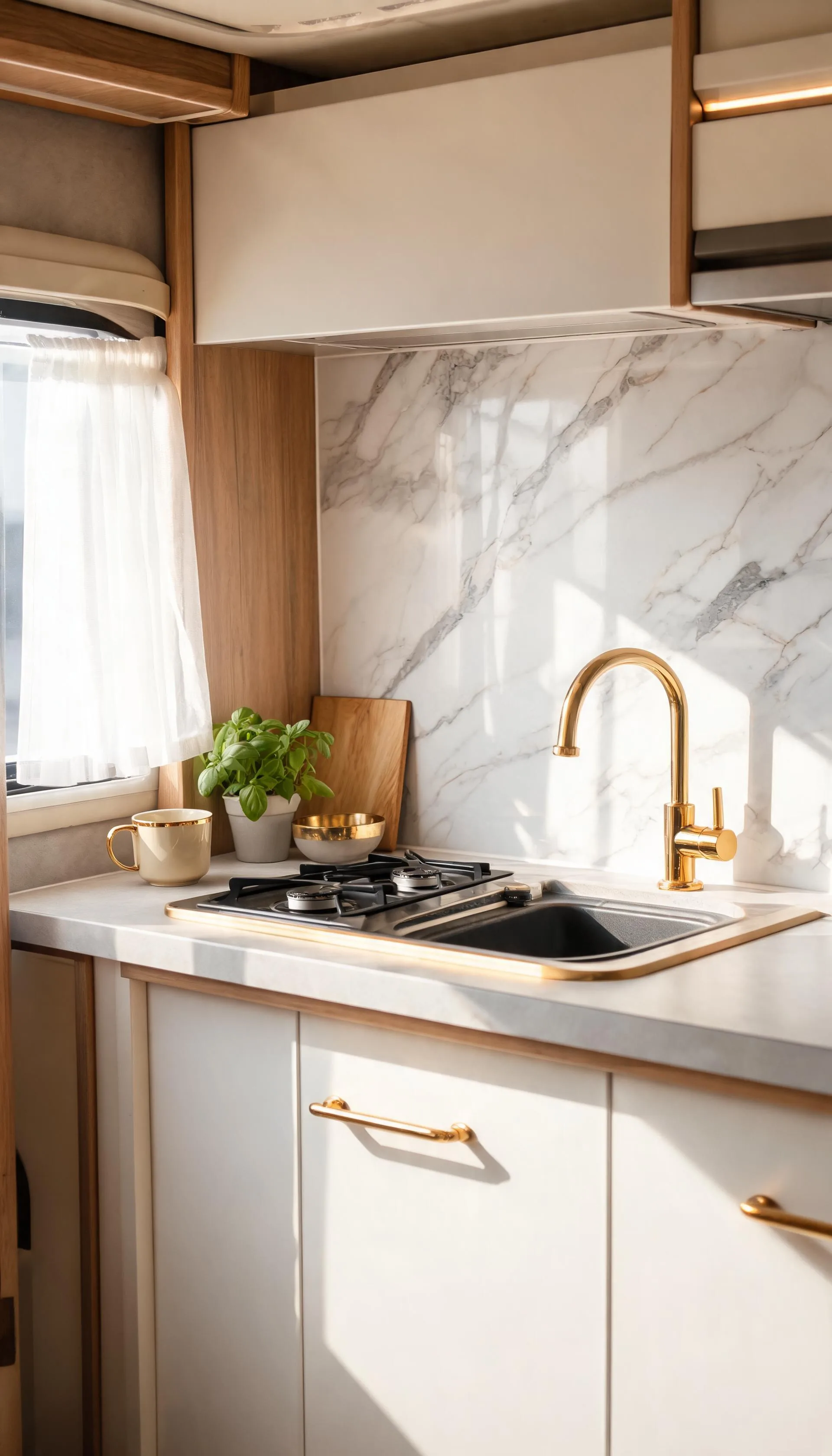 Camper kitchen with white marble-look peel-and-stick wallpaper as a backsplash behind a compact cooktop