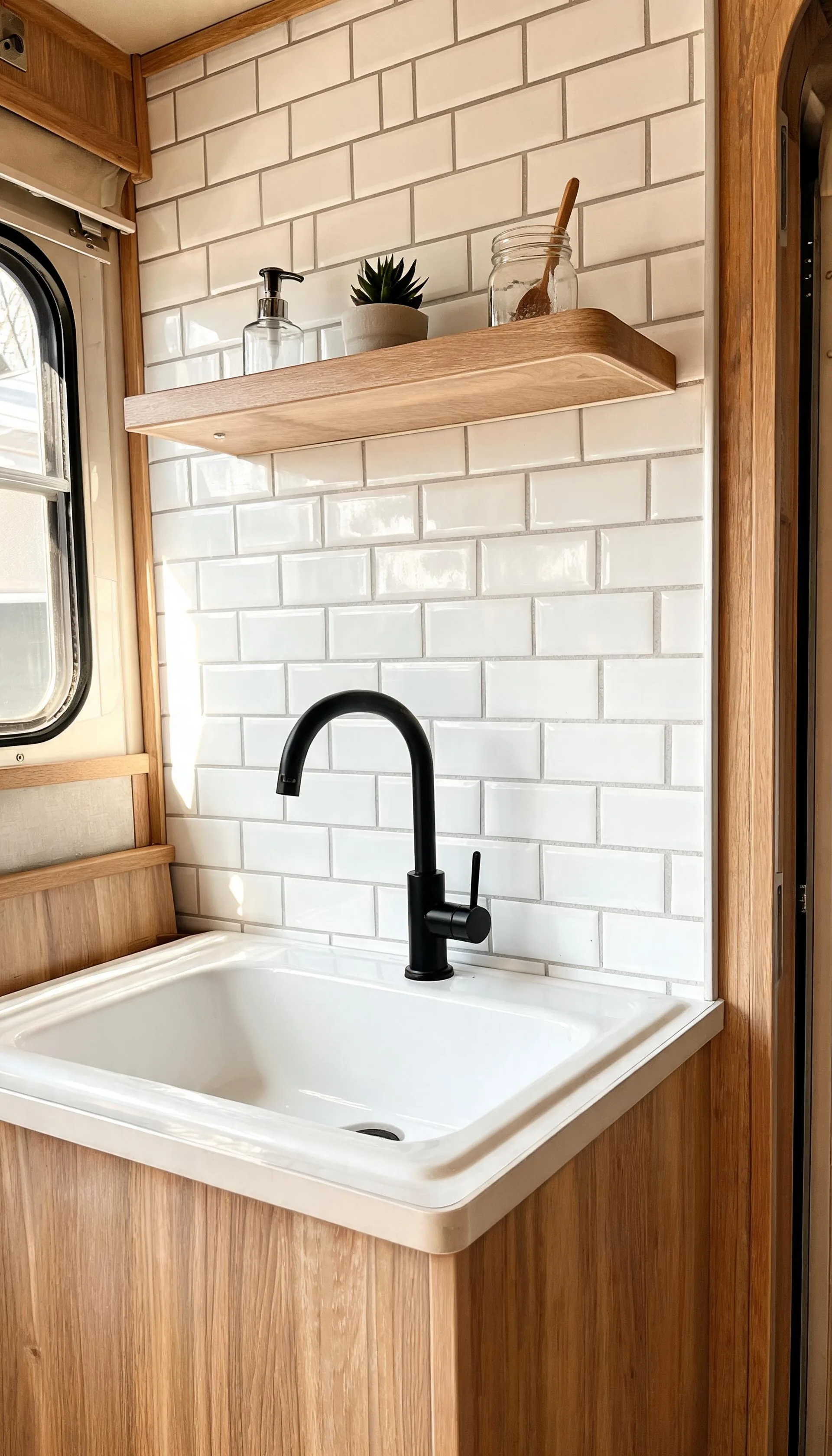 Camper wall with white subway tile peel-and-stick wallpaper behind a small sink and open wooden shelf