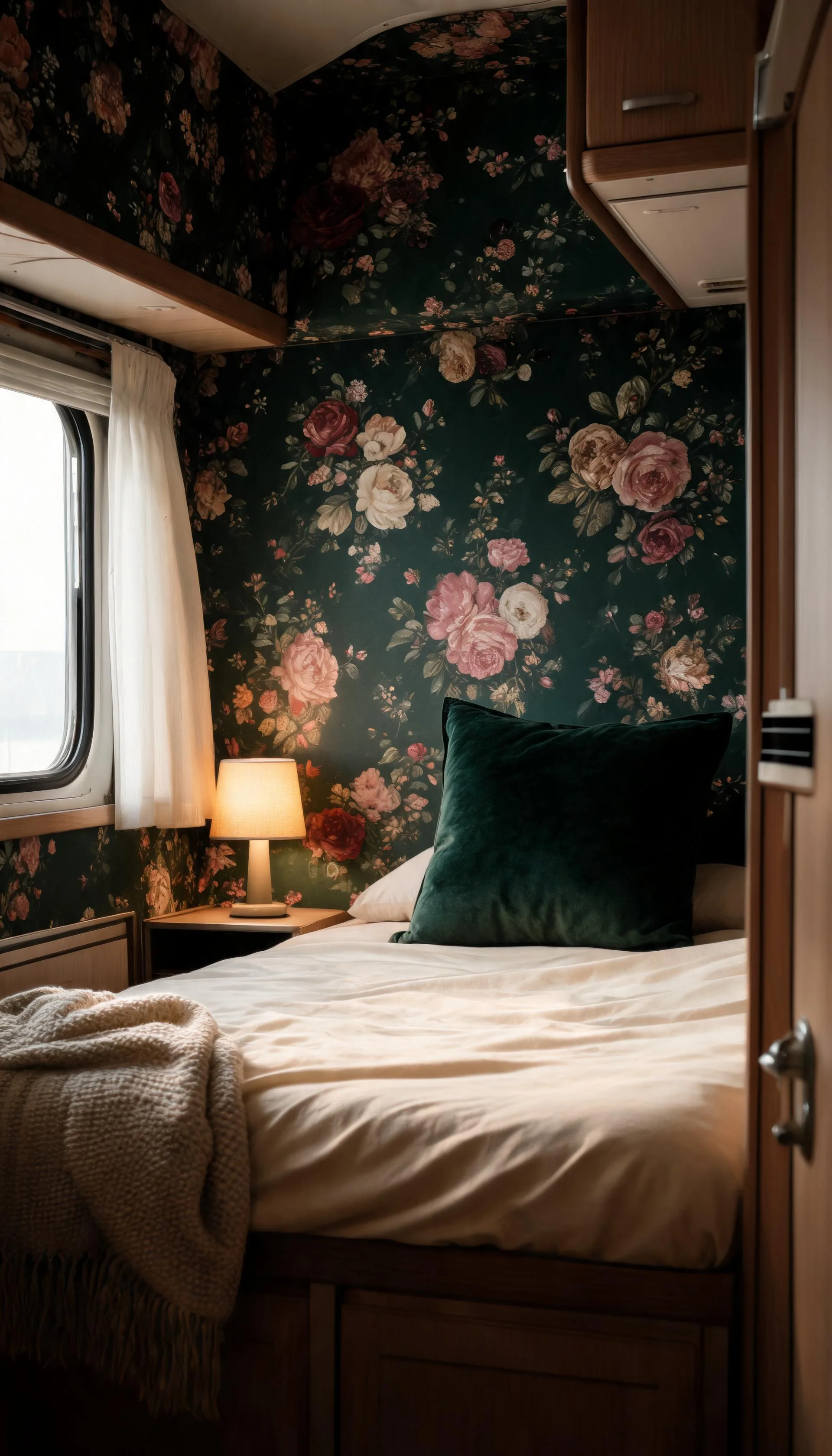 Camper bed nook with moody dark floral peel-and-stick wallpaper and warm bedside lighting