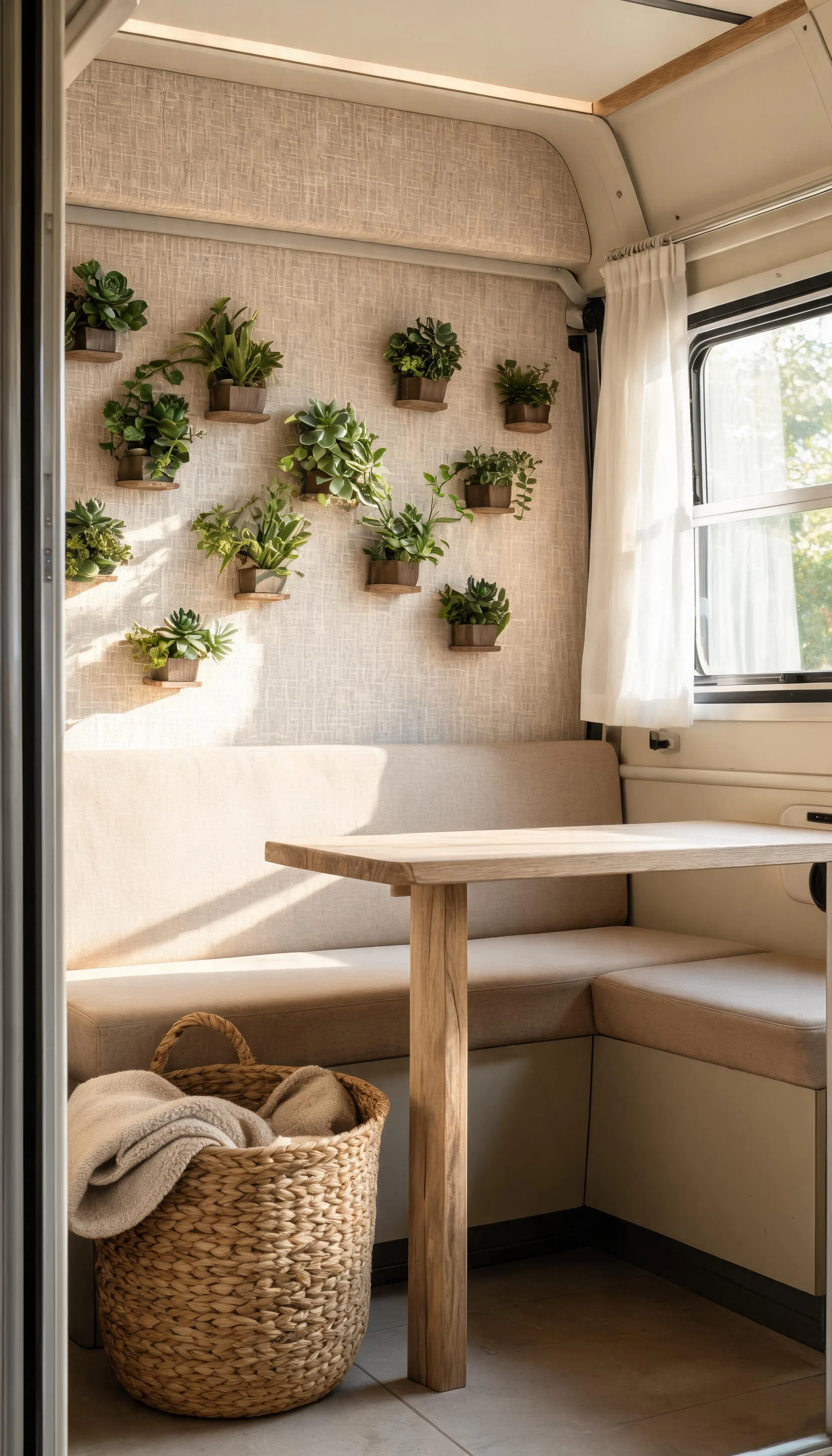 Camper living wall in soft neutral linen-texture peel-and-stick wallpaper behind a beige bench and wood table