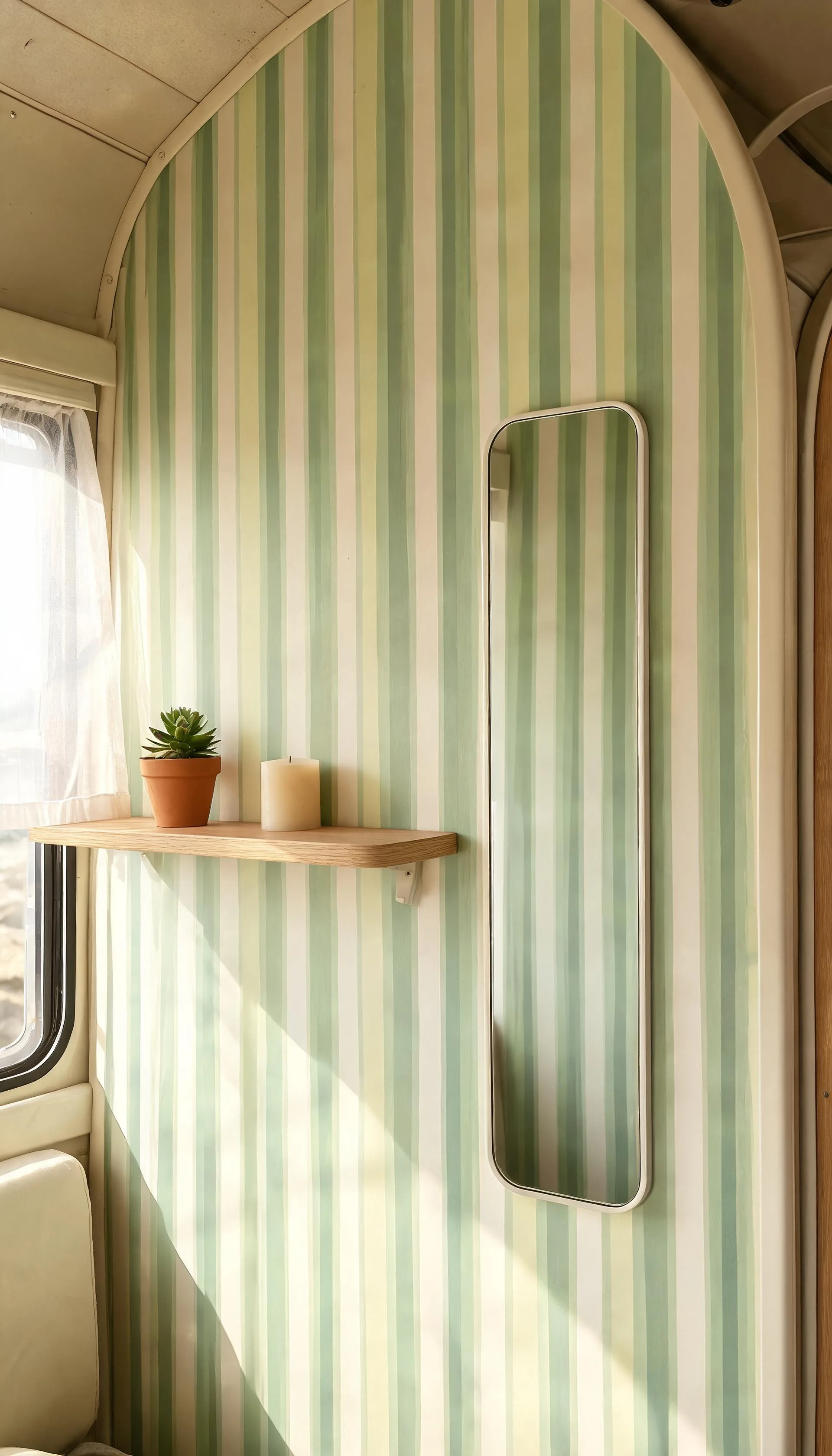 Camper wall with soft vertical stripe peel-and-stick wallpaper drawing the eye upward beside a slim shelf