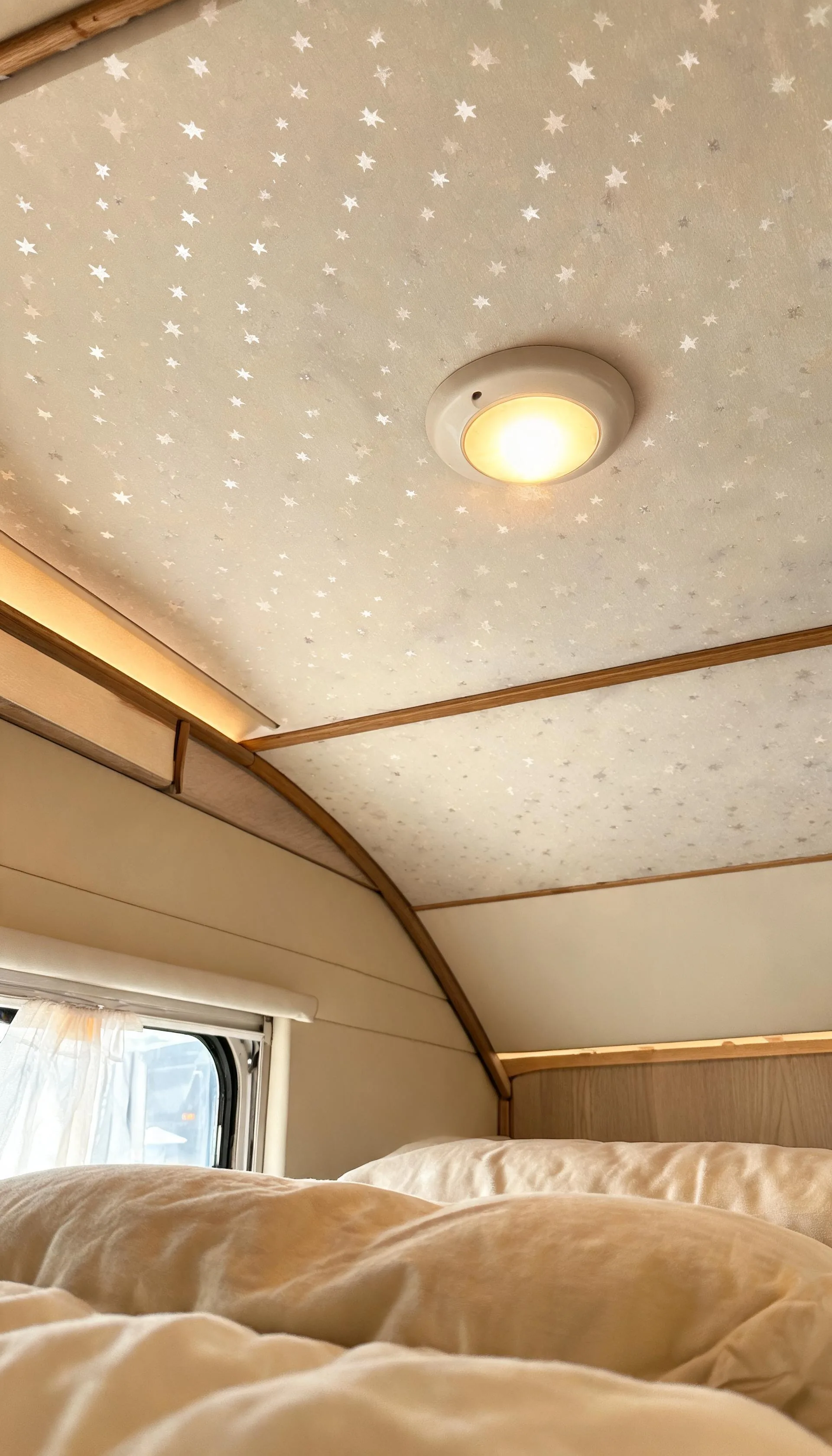 Camper ceiling covered in soft patterned peel-and-stick wallpaper viewed from the bed below