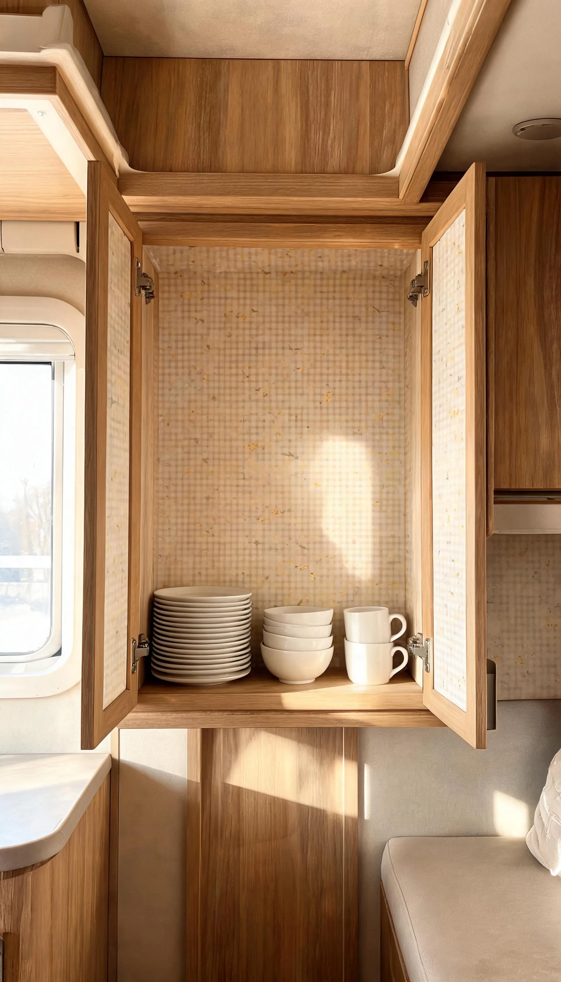 Open camper cabinet lined with cheerful patterned peel-and-stick wallpaper holding neatly stacked dishes