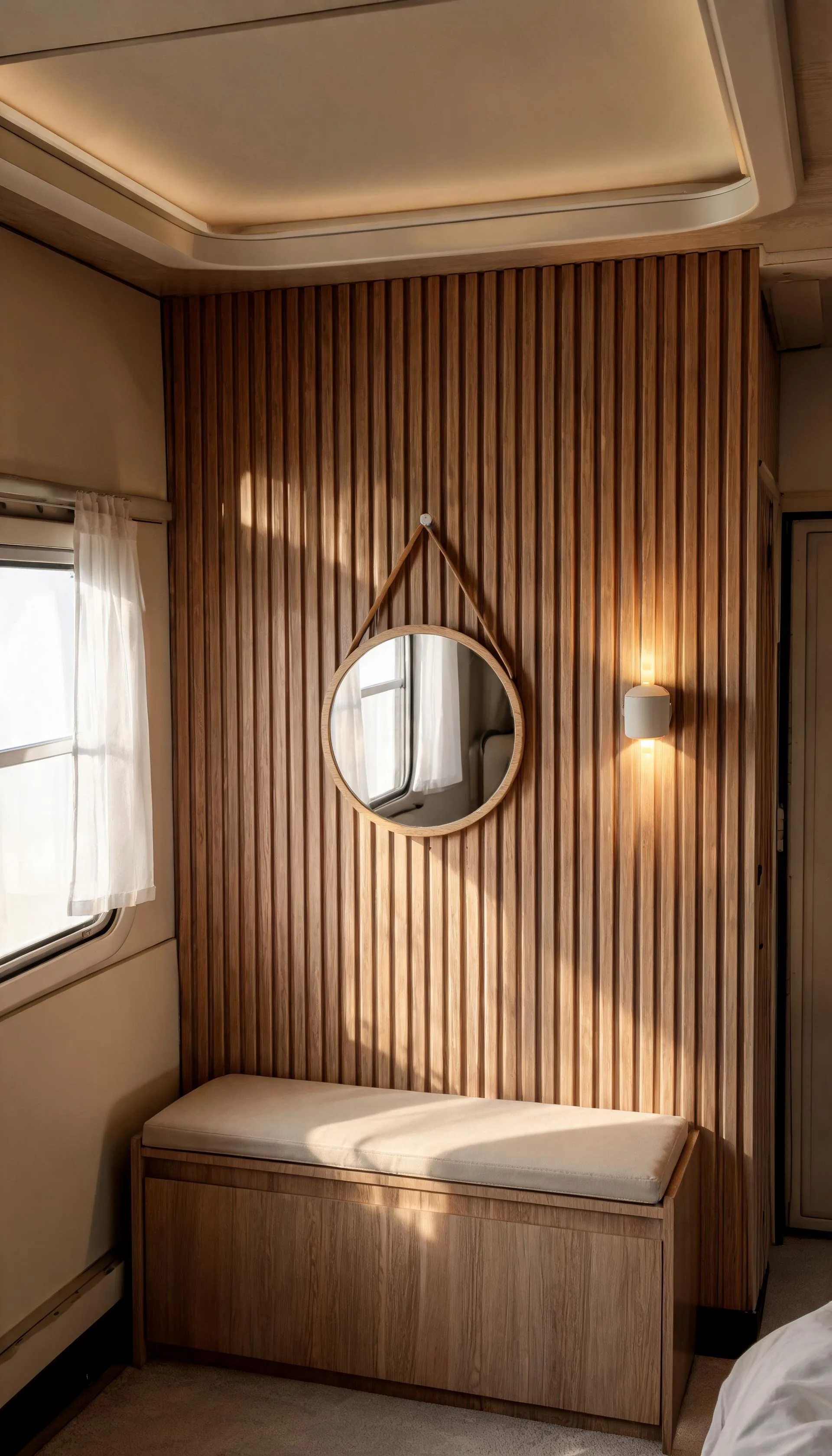 Camper accent wall with fluted wood slat-look peel-and-stick wallpaper behind a low bench and round mirror