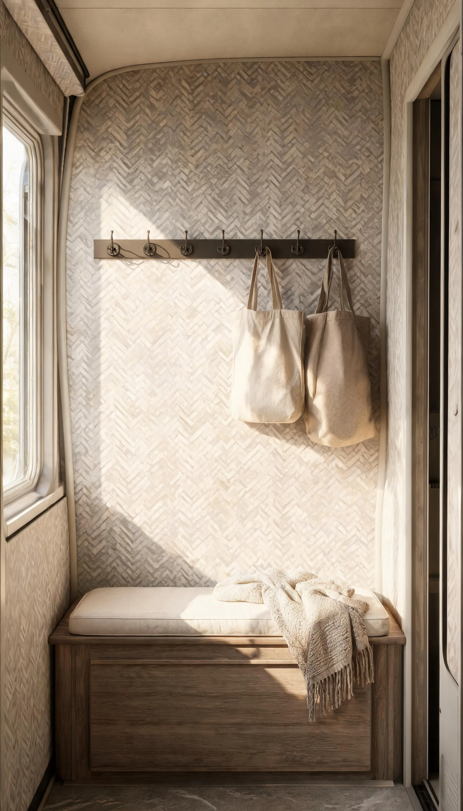 Camper entry wall with soft herringbone peel-and-stick wallpaper beside hooks and a small bench