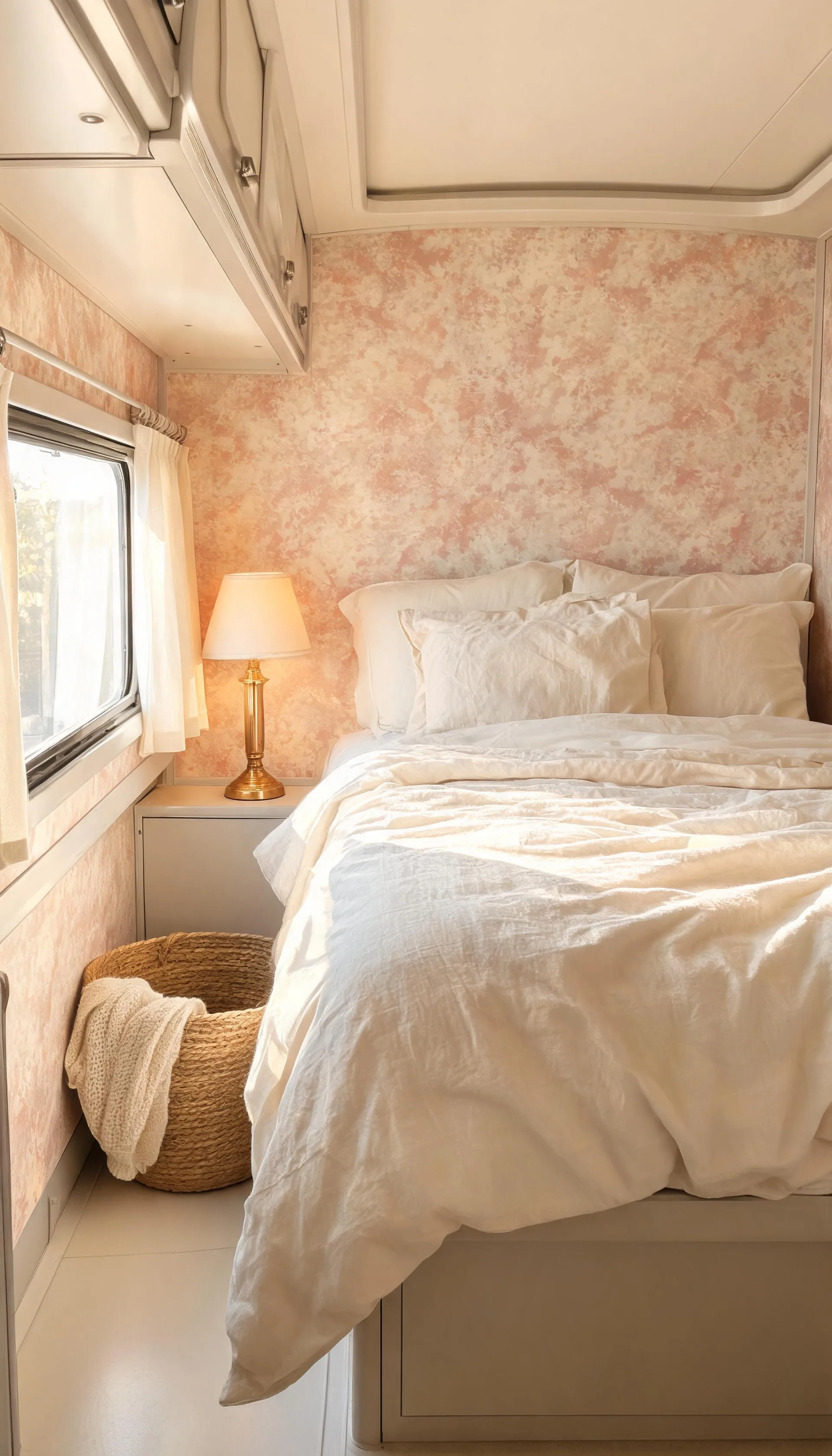 Camper bedroom wall in blush and cream peel-and-stick wallpaper with linen bedding and a small brass lamp
