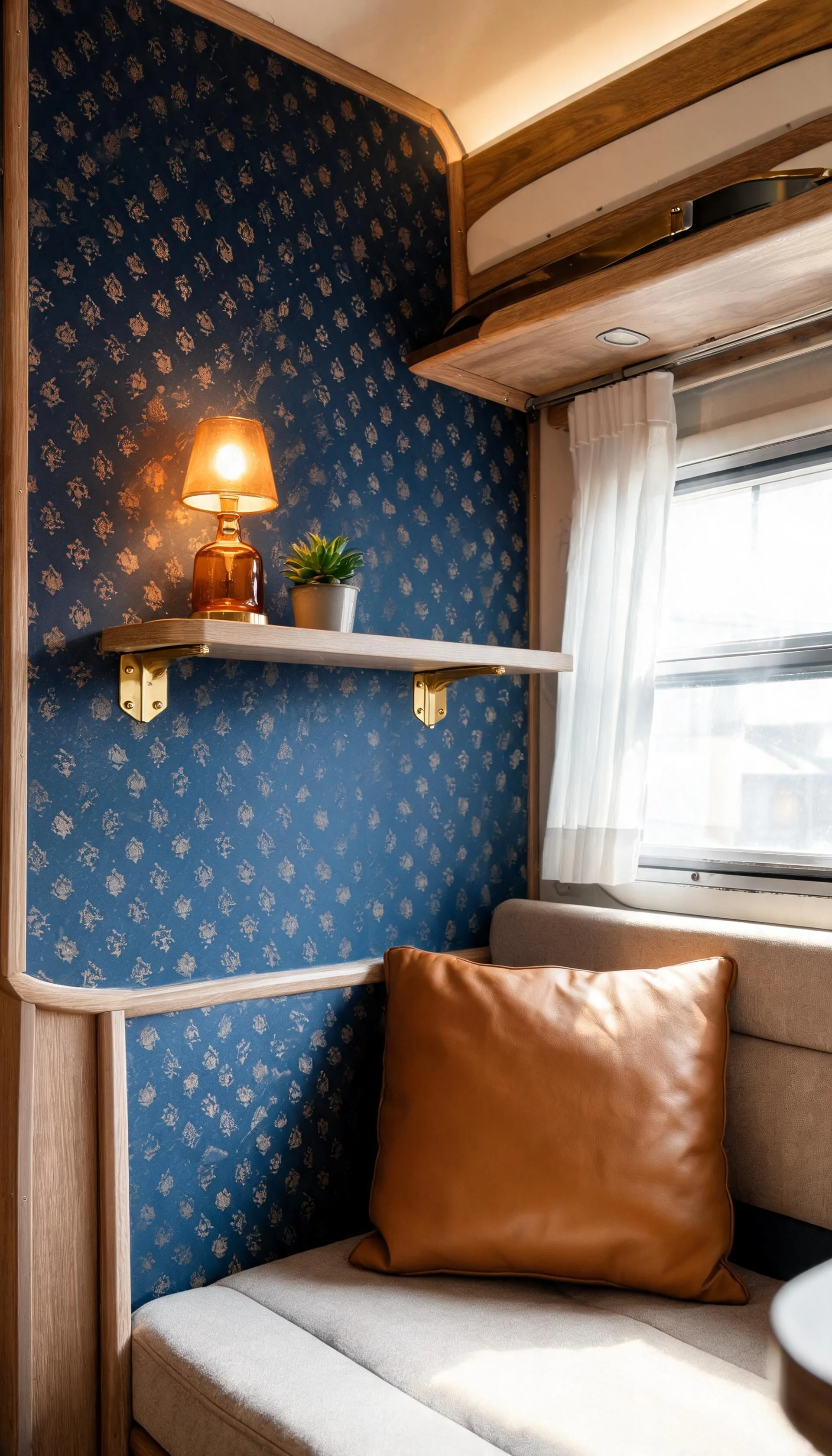 Camper accent wall in deep navy peel-and-stick wallpaper with subtle gold pattern and warm lamp light