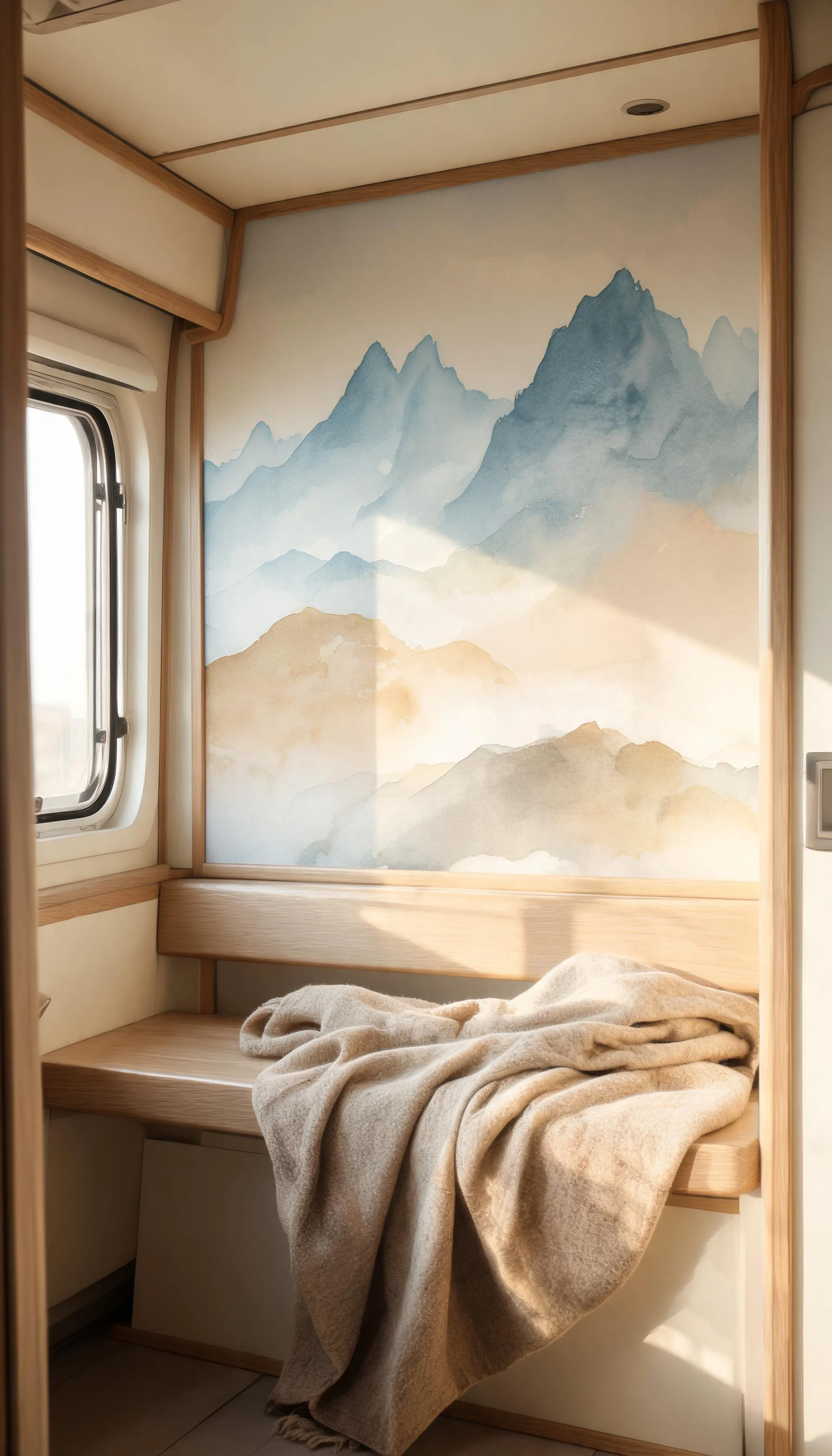 Camper wall with a soft watercolor mountain mural in muted blues and sand behind a bench seat