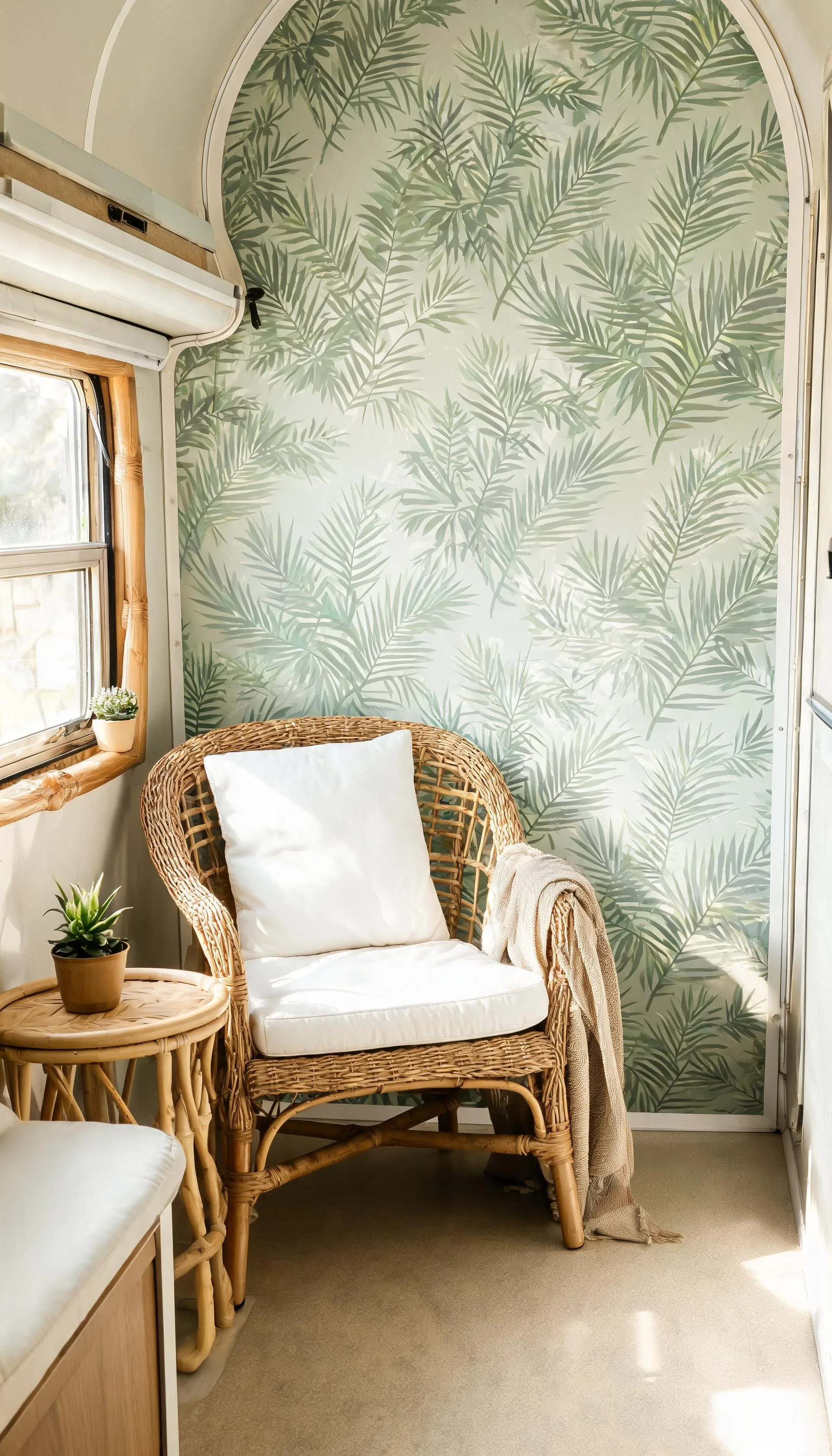 Camper wall with tropical palm leaf peel-and-stick wallpaper in soft greens behind a rattan chair
