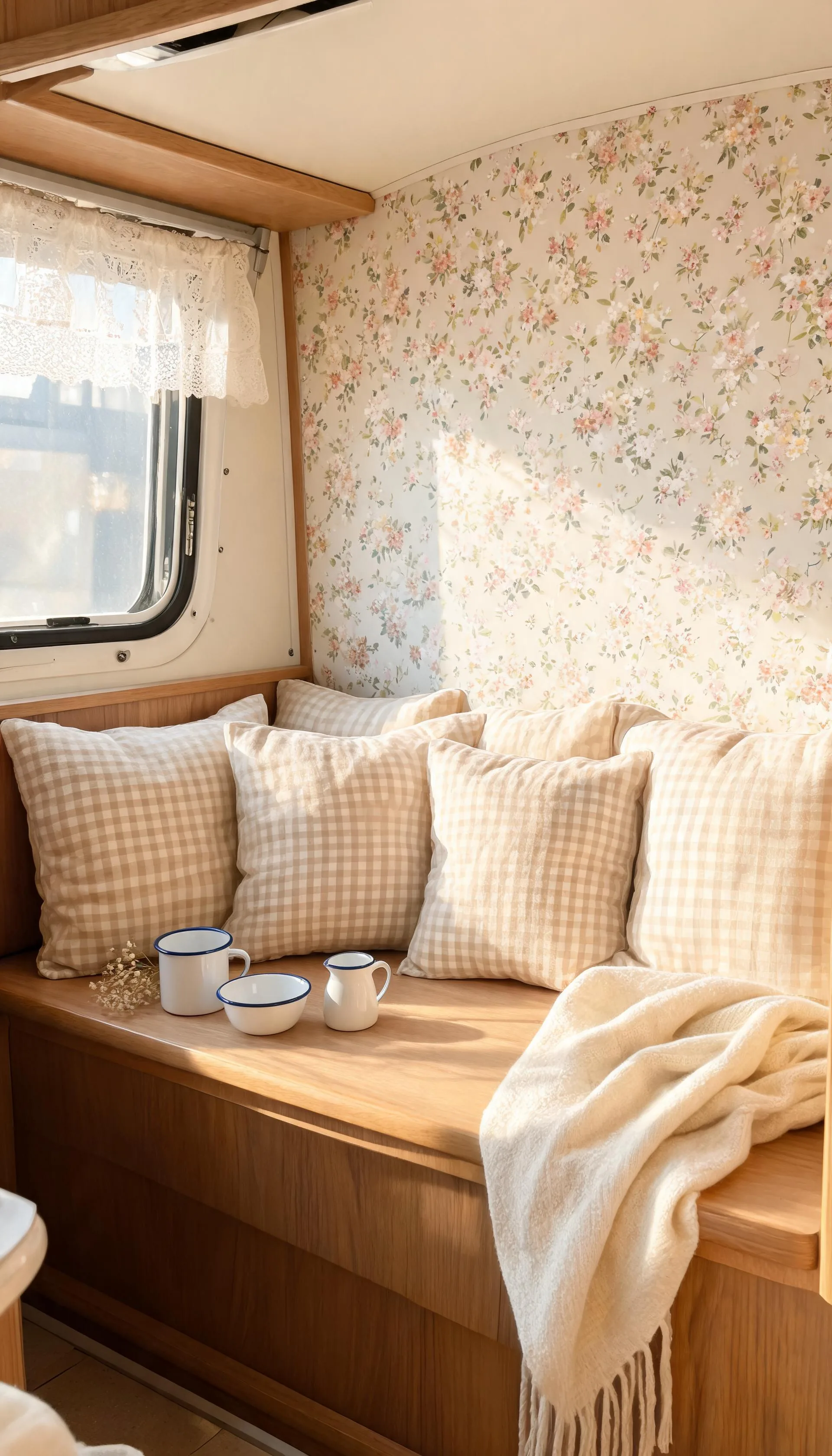 Camper bench wall in a small cottagecore floral peel-and-stick wallpaper with gingham cushions