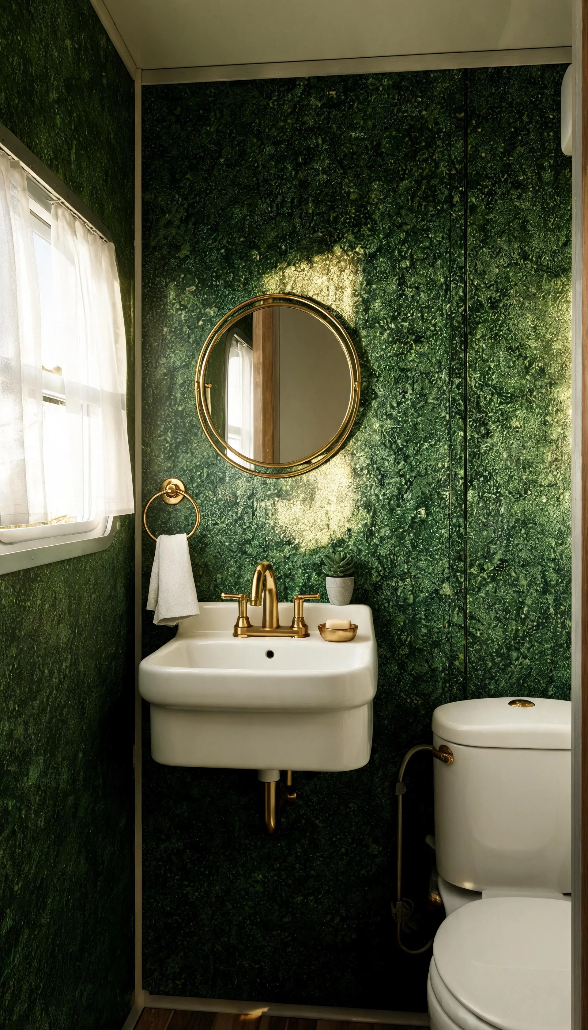 Tiny camper bathroom with dark green peel-and-stick wallpaper, brass fixtures and a round mirror