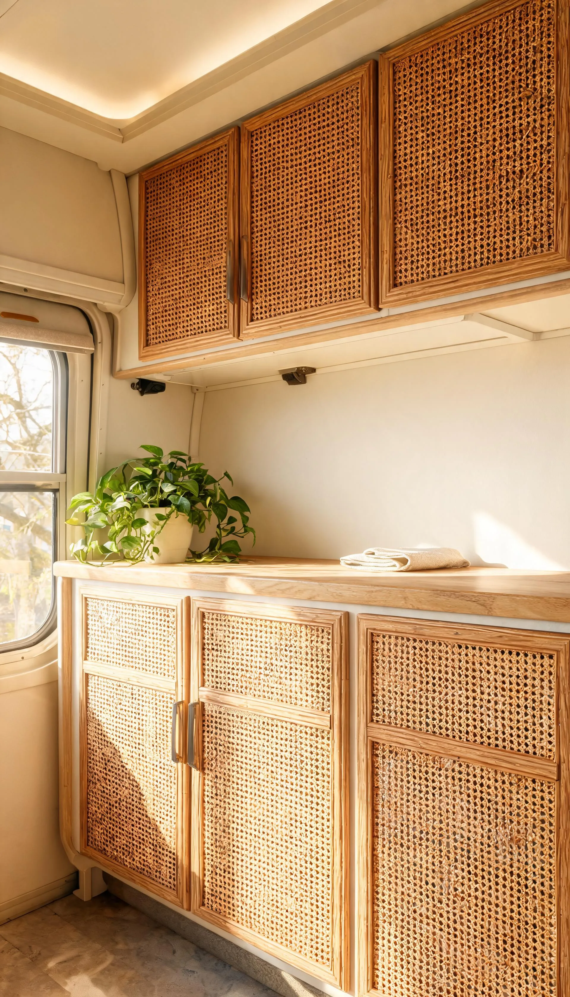 Camper cabinet doors refreshed with faux cane and rattan peel-and-stick wallpaper in warm honey tones