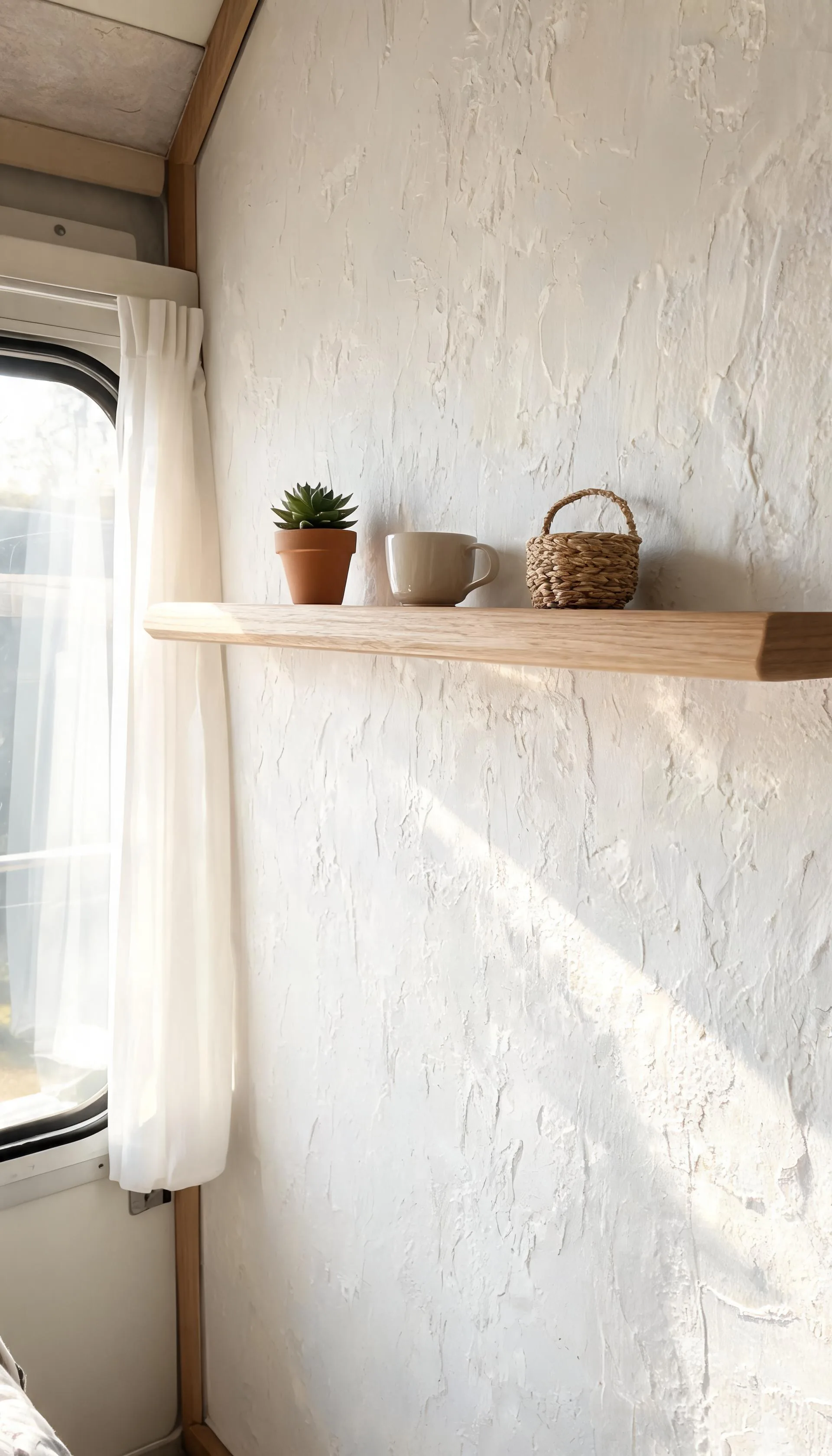 Camper wall in tonal textured white peel-and-stick wallpaper with soft daylight and a single wood shelf