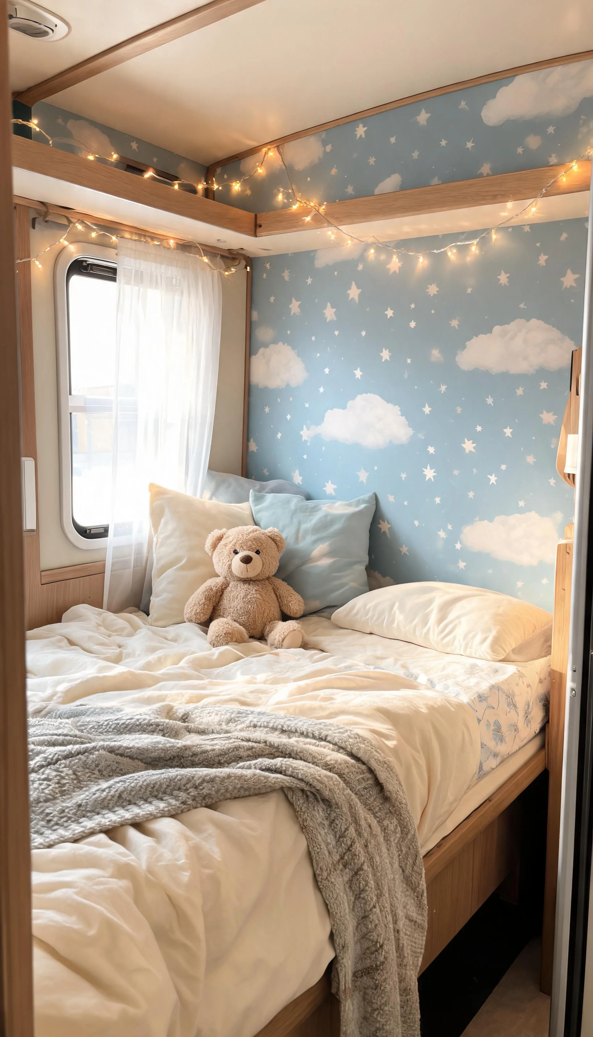 Camper bunk nook with playful star and cloud peel-and-stick wallpaper and soft string lights