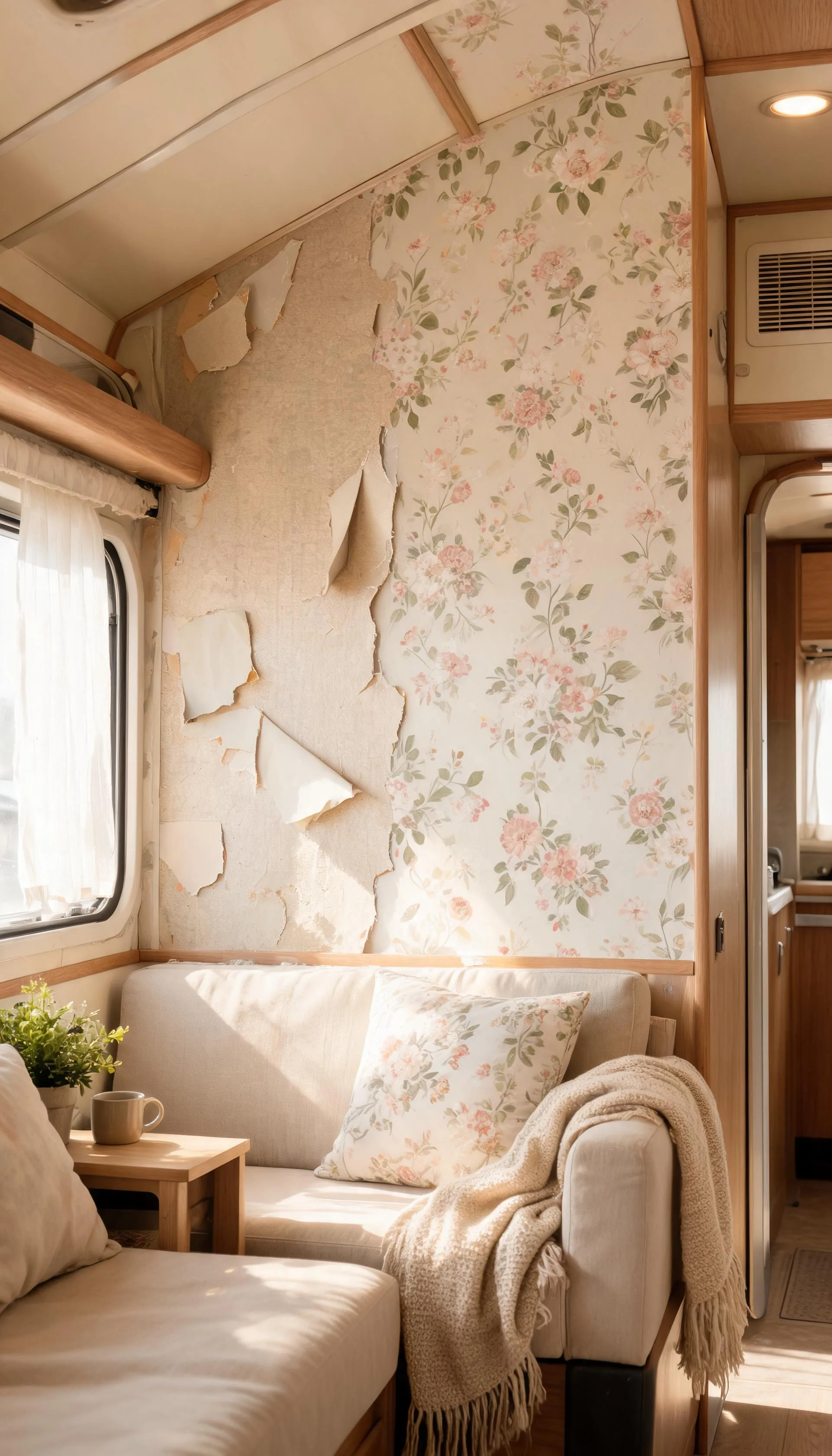 Camper accent wall with easy peel-and-stick vinyl being swapped for a new seasonal pattern