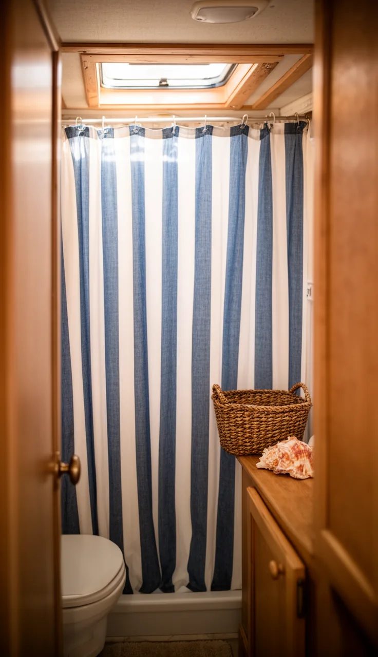 Blue and white wide-stripe shower curtain in a tiny camper bathroom with a woven basket and a small wood shelf