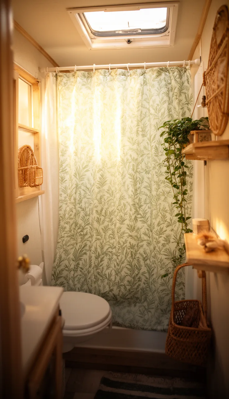 Green botanical leaf-print shower curtain in a camper bathroom with a small trailing plant and rattan accents