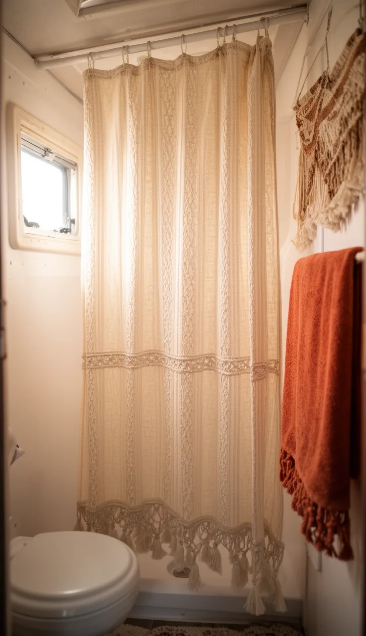 Cream macrame-look shower curtain with tassel trim in a boho camper bathroom
