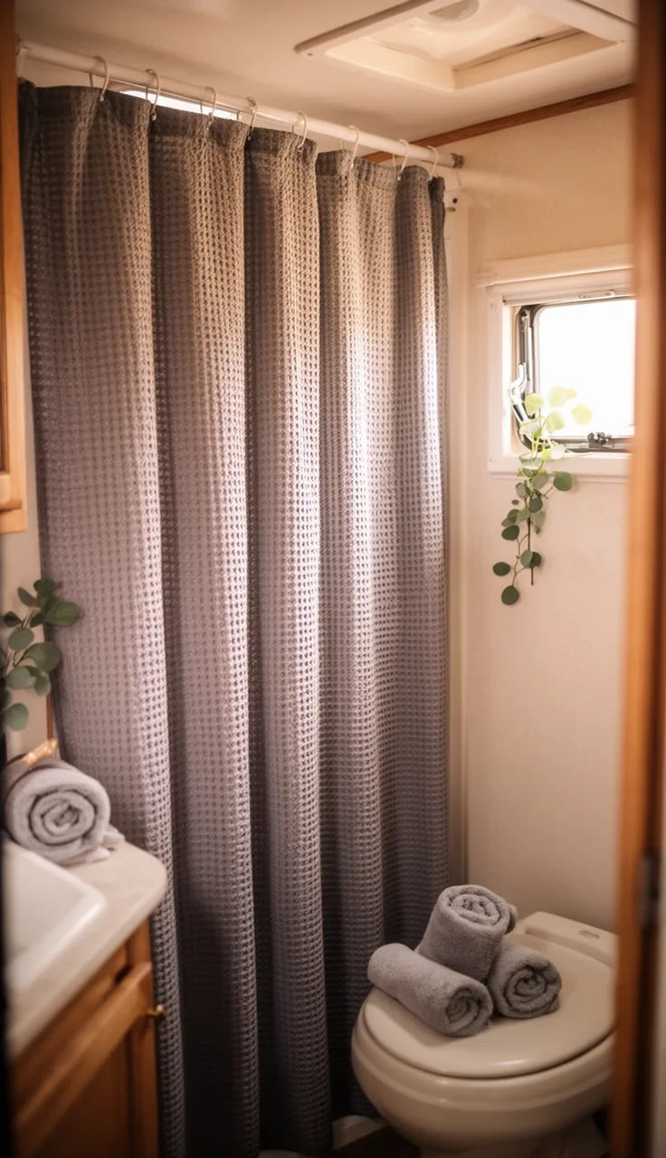 Soft grey waffle-weave fabric shower curtain in a camper bathroom with rolled towels and a eucalyptus stem