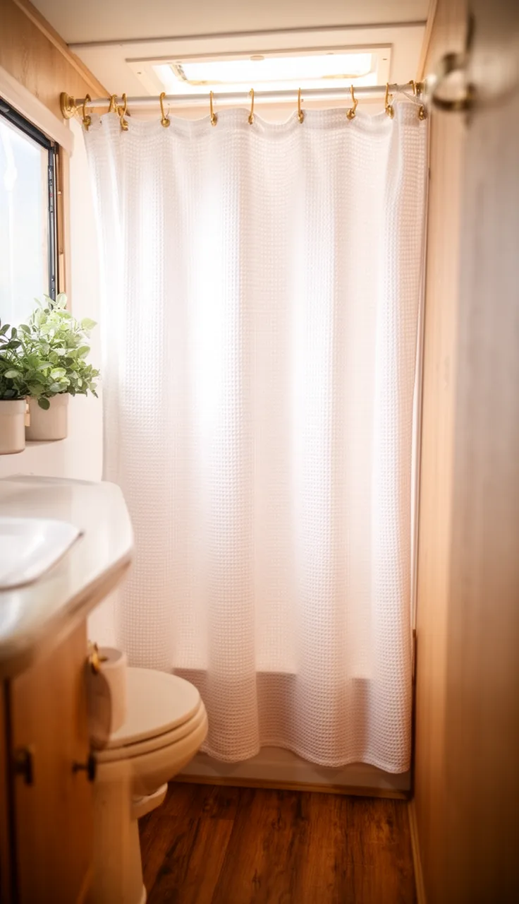 Crisp white waffle shower curtain with brass hooks in a bright camper bathroom