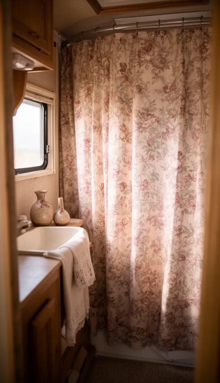Soft vintage floral shower curtain in dusty rose and sage in a cottage-style camper bathroom