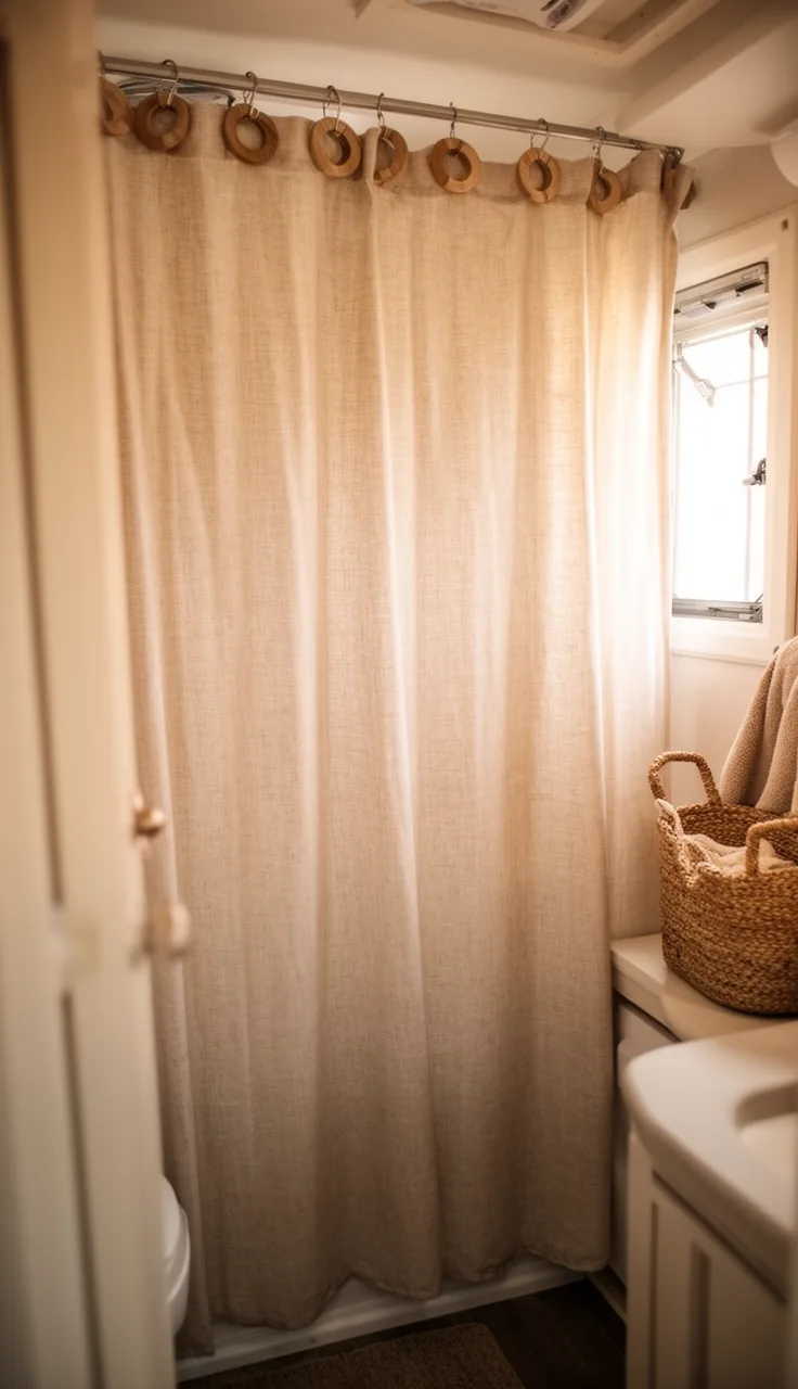 Natural oatmeal linen-look shower curtain with wood rings in a calm neutral camper bathroom