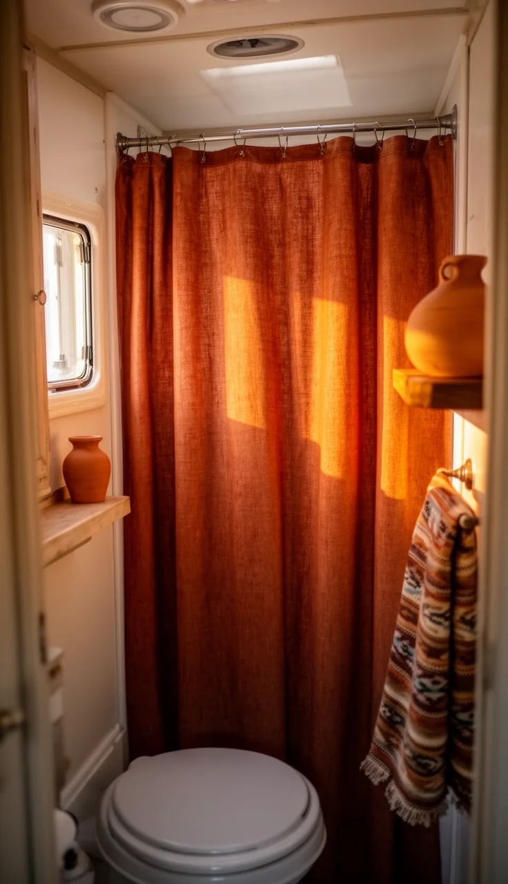 Terracotta and rust colored shower curtain in a warm desert-style camper bathroom