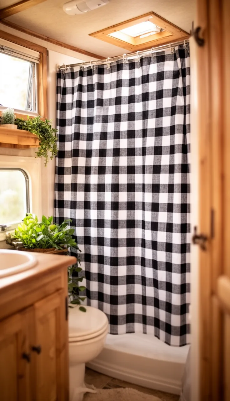 Black and white gingham check shower curtain in a cheerful farmhouse camper bathroom