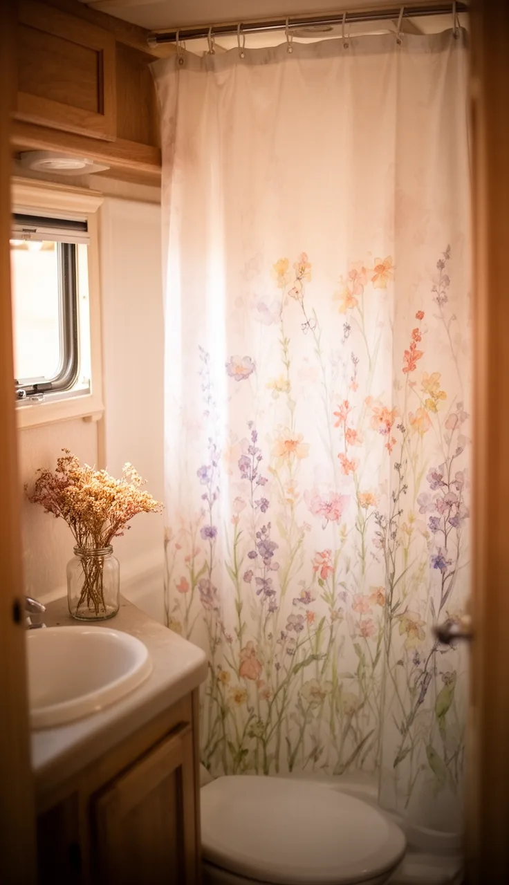 Soft watercolor wildflower shower curtain in pastel tones in a romantic camper bathroom