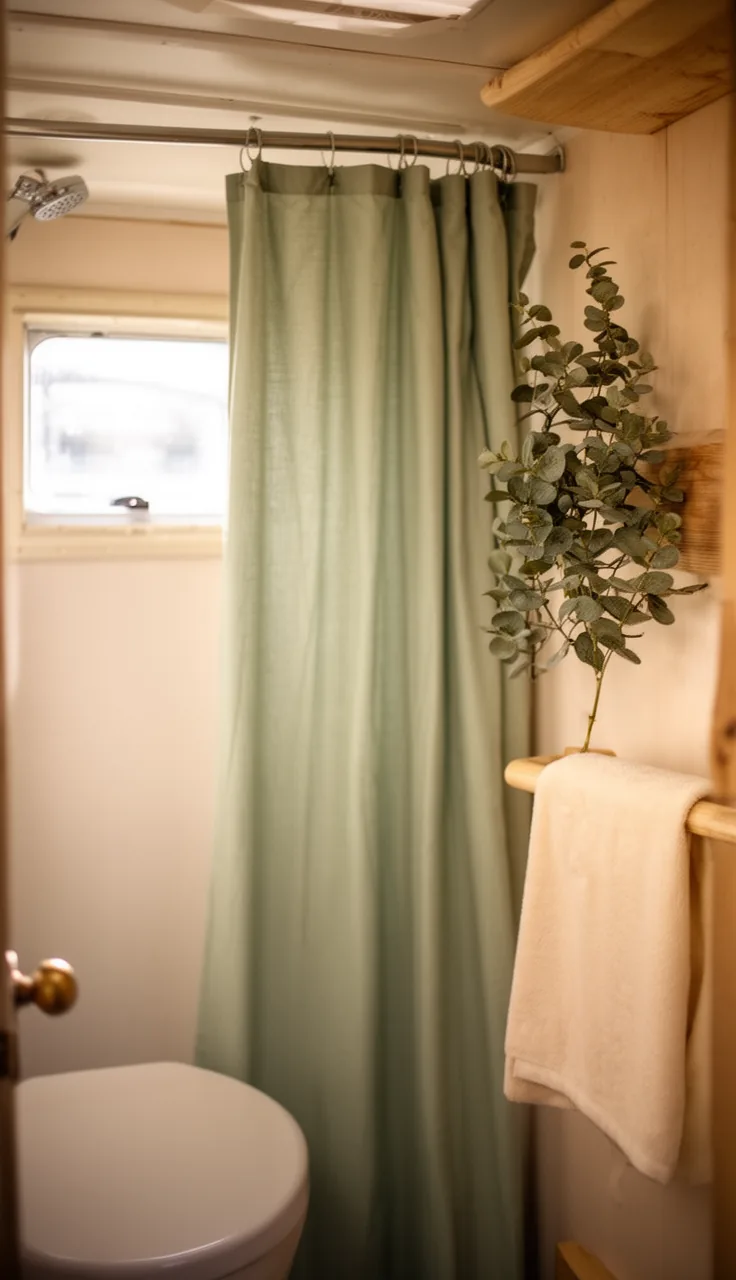 Soft sage green shower curtain with eucalyptus in a restful camper bathroom