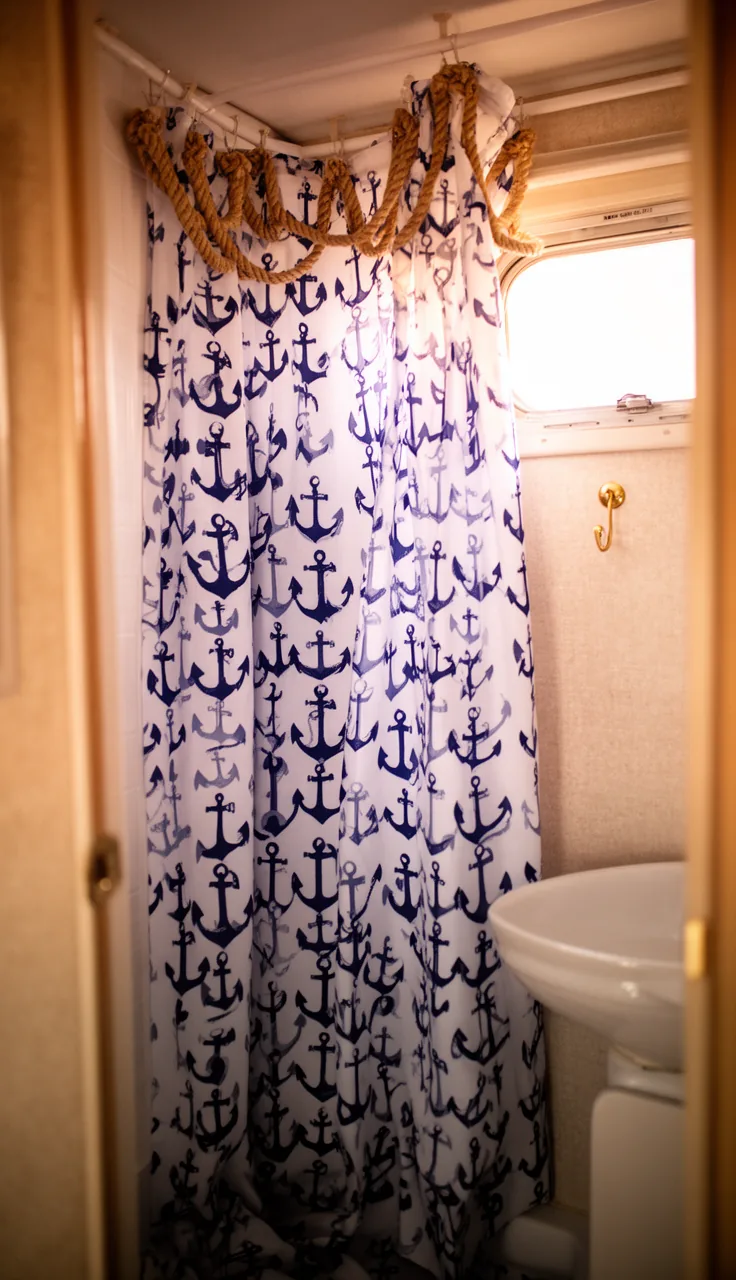 Navy and white nautical anchor print shower curtain in a classic coastal camper bathroom