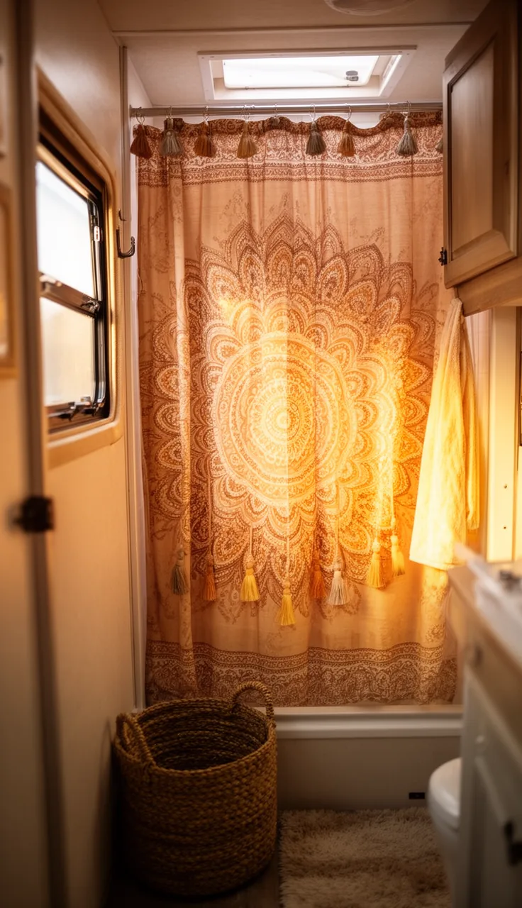 Warm-toned boho mandala print shower curtain in a free-spirited camper bathroom