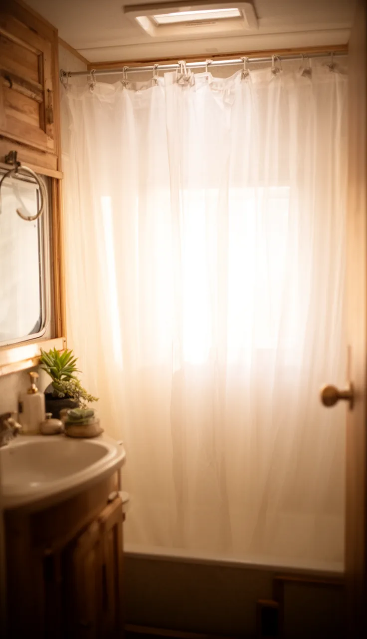 Light sheer white layered shower curtain letting soft light through in an airy camper bathroom