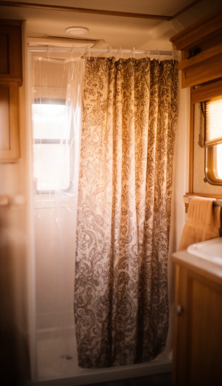 Decorative patterned fabric shower curtain layered over a clear liner in a practical camper bathroom