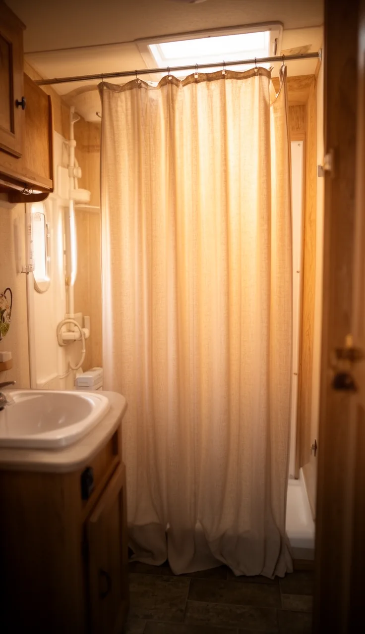 Long floor-to-ceiling shower curtain hung high to make a camper bathroom feel taller