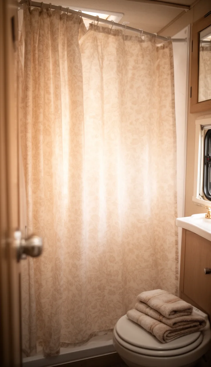 Coordinated shower curtain and matching towels in a soft palette in a tidy camper bathroom