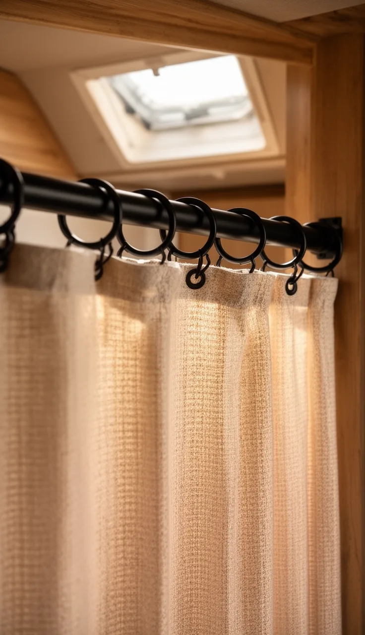 Matte black rust-proof shower curtain rings on a rod in a camper bathroom