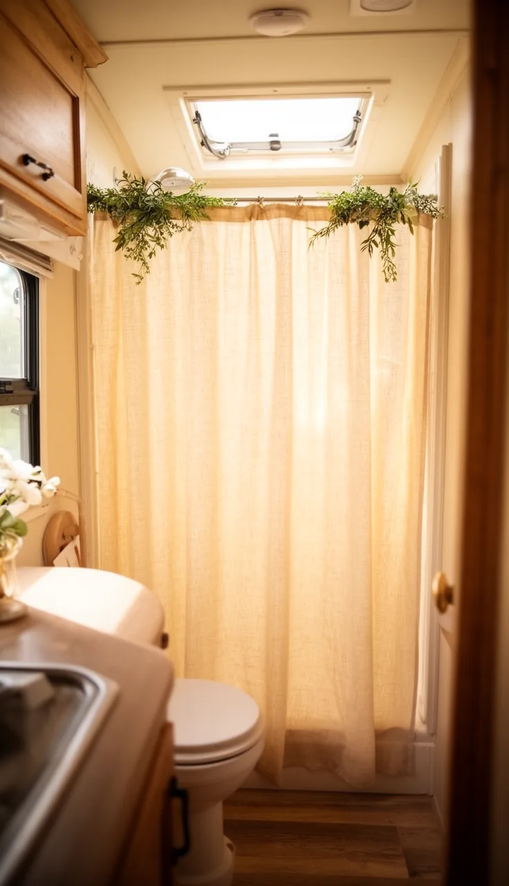 Short half-height cafe-style shower curtain in a cute, open camper bathroom