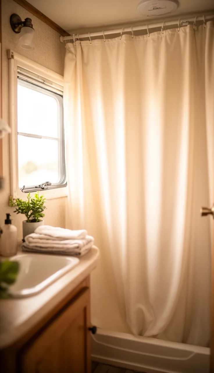 Soft quick-dry microfiber shower curtain in a fresh, clean camper bathroom